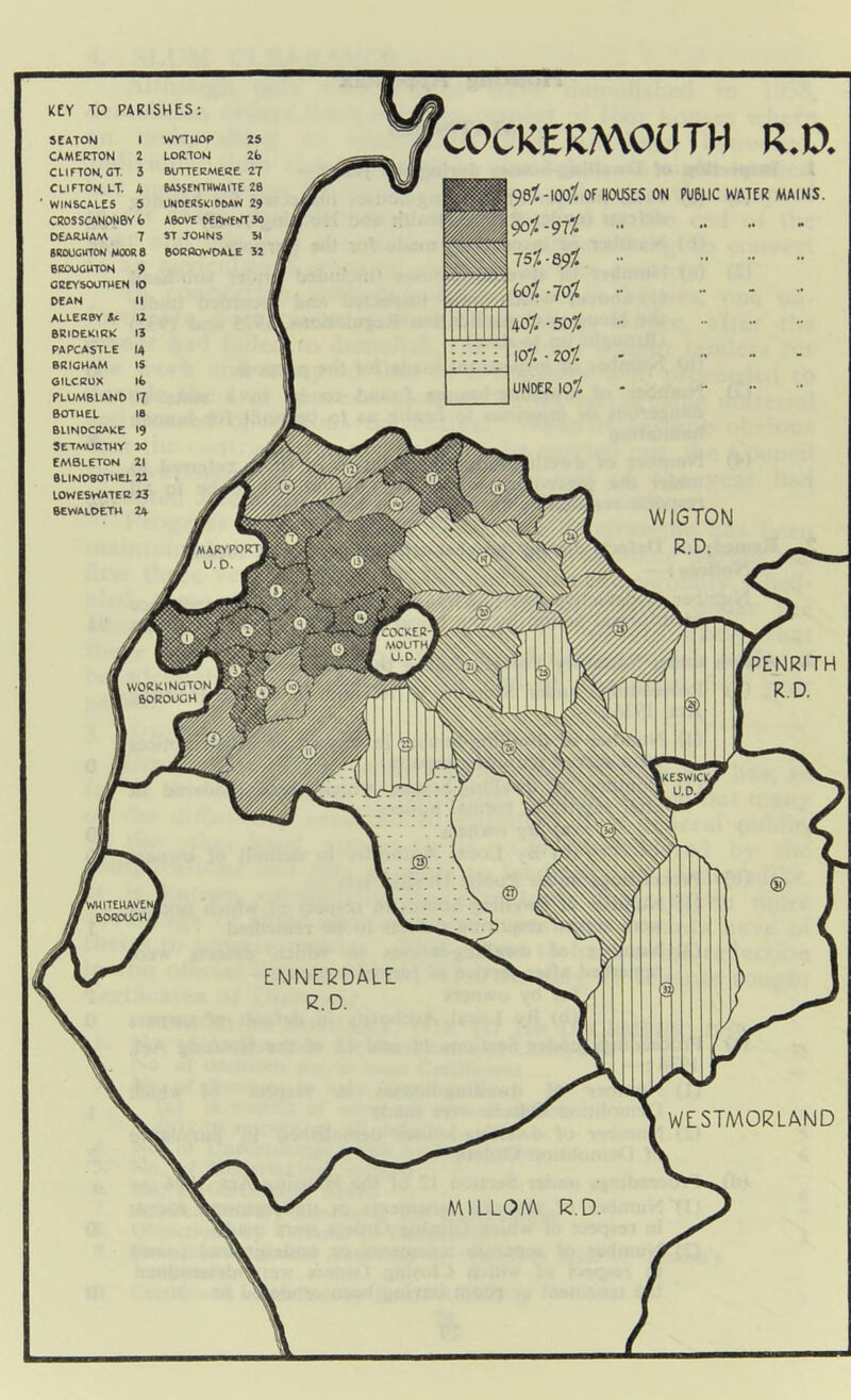 'maeyporx u.d. A cocker- mouth, U.D. A WORKINGTON BOROUGH # IKESWICI \ V.O.A 'WUlTEWAVENi BOROUGHA ENNECDALE R.D. KEY TO PARISHES SEATON CAMERTON 2 CLIFTON. GT. 3 CLIFTON.LT. 4 winscales 5 CROSSCANONBY b DEARUAM 7 8R0UGUT0N MOOR 8 BROUGUTON 9 GREYSOUTUEN 10 DEAN II ALLER0Y *c 12 BRiDEKlRK 13 PA PC ASTLE 14 BRIGHAM IS GILCROX lb Plumblano 17 BOTUEL 18 BlINOCRAKE >9 SETMURTHY 20 EMBLETON 21 0LINO8OTHEL 22 10WESWATER 23 Bevmaloeth 24 WYTWOP 25 LORTON 2b BUTTECMERE 27 BASSENTHWAITE 28 UNDERSWDDAW 29 ABOVE DERWENT 30 ST JOHNS 31 BORfiOWOALE 32 COCKERMOUTH R.D. 98%-100% OF HOUSES ON PUBLIC WATER MAINS. 90% - 971 15%-001 <m1. -70I 40/. • 50% 10/. - 20%. UNDER 10% WIGTON R.D. PENRITH R.D. WESTMORLAND MILLOM R.D.