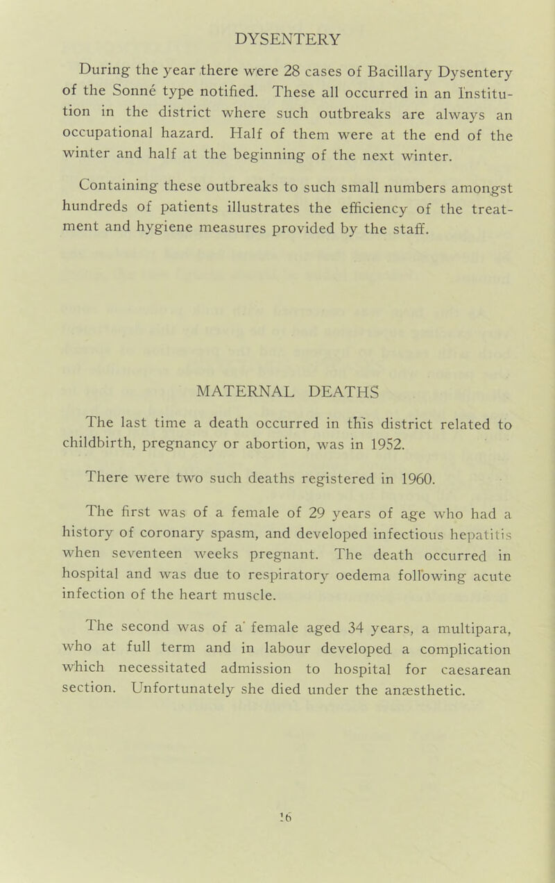 DYSENTERY During the year there were 28 cases of Bacillary Dysentery of the Sonne type notified. These all occurred in an Institu- tion in the district where such outbreaks are always an occupational hazard. Half of them were at the end of the winter and half at the beginning of the next winter. Containing these outbreaks to such small numbers amongst hundreds of patients illustrates the efficiency of the treat- ment and hygiene measures provided by the staff. MATERNAL DEATHS The last time a death occurred in this district related to childbirth, pregnancy or abortion, was in 1952. There were two such deaths registered in 1960. The first was of a female of 29 years of age who had a history of coronary spasm, and developed infectious hepatitis when seventeen weeks pregnant. The death occurred in hospital and was due to respirator}^ oedema following acute infection of the heart muscle. The second was of a' female aged 34 years, a multipara, who at full term and in labour developed a complication which necessitated admission to hospital for caesarean section. Unfortunately she died under the anaesthetic.
