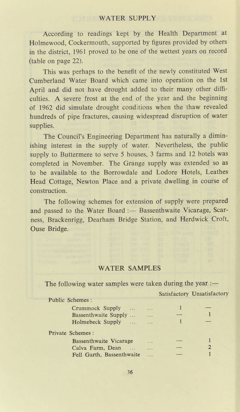 WATER SUPPLY According to readings kept by the Health Department at Holmewood, Cockermouth, supported by figures provided by others in the district, 1961 proved to be one of the wettest years on record (table on page 22). This was perhaps to the benefit of the newly constituted West Cumberland Water Board which came into operation on the 1st April and did not have drought added to their many other diffi- culties. A severe frost at the end of the year and the beginning of 1962 did simulate drought conditions when the thaw revealed hundreds of pipe fractures, causing widespread disruption of water supplies. The Council’s Engineering Department has naturally a dimin- ishing interest in the supply of water. Nevertheless, the public supply to Buttermere to serve 5 houses, 3 farms and 12 hotels was completed in November. The Grange supply was extended so as to be available to the Borrowdale and Lodore Hotels, Leathes Head Cottage, Newton Place and a private dwelling in course of construction. The following schemes for extension of supply were prepared and passed to the Water Board :— Bassenthwaite Vicarage, Scar- ness, Brackenrigg, Dearham Bridge Station, and Herdwick Croft, Ouse Bridge. WATER SAMPLES The following water samples were taken during the year :— Satisfactory Unsatisfactory Public Schemes : Crummock Supply 1 — Bassenthwaite Supply ... — 1 Holmebeck Supply 1 — Private Schemes : Bassenthwaite Vicarage — 1 Calva Farm, Dean — 2 Fell Garth, Bassenthwaite — 1