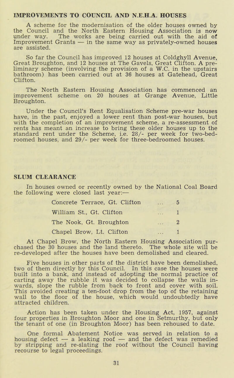 IMPROVEMENTS TO COUNCIL AND N.E.H.A. HOUSES A scheme for the modernisation of the older houses owned by the Council and the North Eastern Housing Association is now under way. The works are being carried out with the aid of Improvement Grants — in the same way as privately-owned houses are assisted. So far the Council has improved 12 houses at Coldghyll Avenue. Great Broughton, and 12 houses at The Gavels, Great Clifton. A pre- liminary scheme (involving the provision of a W.C. in the upstairs bathroom) has been carried out at 36 houses at Gatehead, Great Clifton. The North Eastern Housing Association has commenced an improvement scheme on 20 houses at Grange Avenue, Little Broughton. Under the Council’s Rent Equalisation Scheme pre-war houses have, in the past, enjoyed a lower rent than post-war houses, but with the completion of an improvement scheme, a re-assessment of rents has meant an increase to bring these older houses up to the standard rent under the Scheme, i.e. 28/- per week for two-bed- roomed houses, and 29/- per week for three-bedroomed houses. SLUM CLEARANCE In houses owned or recently owned by the National Coal Board the following were closed last year:— Concrete Terrace, Gt. Clifton ... 5 William St., Gt. Clifton ... 1 The Nook, Gt. Broughton ... 2 Chapel Brow, Lt. Clifton ... 1 At Chapel Brow, the North Eastern Housing Association pur- chased the 30 houses and the land thereto. The whole site will be re-developed after the houses have been demolished and cleared. Five houses in other parts of the district have been demolished, two of them directly by this Council. In this case the houses were built into a bank, and instead of adopting the normal practice of carting away the rubble it was decided to collapse the walls in- wards, slope the rubble from back to front and cover with soil. This avoided creating a ten-foot drop from the top of the retaining wall to the floor of the house, which would undoubtedly have attracted children. Action has been taken under the Housing Act, 1957, against four properties in Broughton Moor and one in Setmurthy, but only the tenant of one (in Broughton Moor) has been rehoused to date. One formal Abatement Notice was served in relation to a housing defect — a leaking roof — and the defect was remedied by stripping and re-slating the roof without the Council having recourse to legal proceedings.