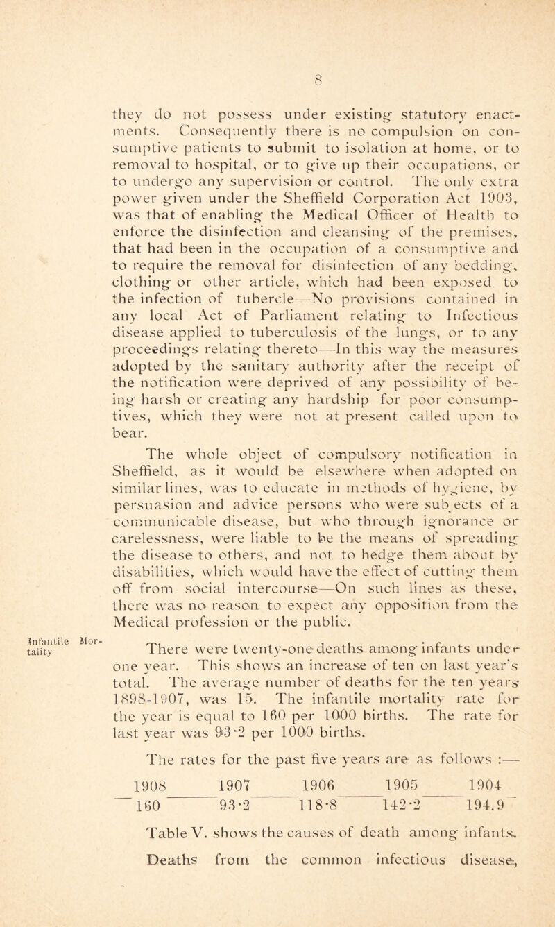 Infantile tality they do not possess under existing' statutory enact- ments. Consequently there is no compulsion on con- sumptive patients to submit to isolation at home, or to removal to hospital, or to give up their occupations, or to underg-o any supervision or control. The only extra power g-iven under the Sheffield Corporation Act 1903, was that of enabling the Medical Officer of Health to enforce the disinfection and cleansing of the premises, that had been in the occupation of a consumptive and to require the removal for disintection of any bedding, clothing or other article, which had been exposed to the infection of tubercle—No provisions contained in any local Act of Parliament relating to Infectious disease applied to tuberculosis of the lungs, or to any proceedings relating thereto—In this way the measures adopted by the sanitary authority after the receipt of the notification were deprived of any possibility of be- ing harsh or creating any hardship for poor consump- tives, which they were not at present called upon to bear. The whole object of compulsory notification in Sheffield, as it would be elsewhere when adopted on similar lines, was to educate in methods of hygiene, by persuasion and advice persons who were sub ects of a communicable disease, but who through ignorance or carelessness, were liable to be the means of spreading; the disease to others, and not to hedge them about by- disabilities, which would have the effect of cutting them off from social intercourse—On such lines as these, there was no reascui to expect any opposition from the Medical profession or the public. There were twenty-one deaths among infants under one year. This shows an increase of ten on last year’s total. The average number of deaths for the ten years 1898-1907, was 15. The infantile mortality rate for the year is equal to 160 per lOOO births. The rate for last year was 03*2 per 1000 births. The rates for the past five years are as follows :—- 1908 1907 1906 1905 1904 “160 93*2 118*8 142*2 194.9 Table V. shows the causes of death among infants. Deaths from the common infectious disease.