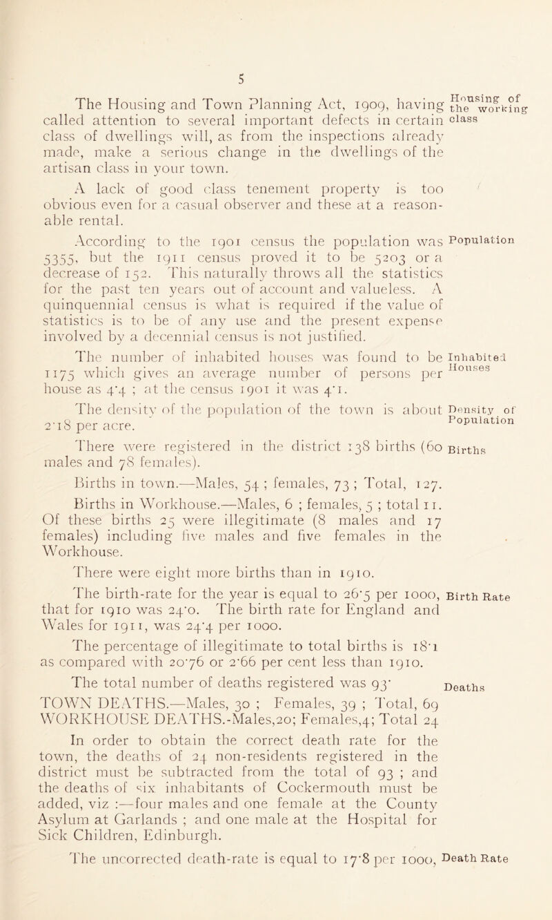 The Housing and Town Planning Act, 1909, having th°en w”?k?n called attention to several important defects in certain class class of dwellings will, as from the inspections already made, make a serious change in the dwellings of the artisan class in your town. A lack of good class tenement property is too obvious even for a casual observer and these at a reason- able rental. According to the 1901 census the population was Population 5355' but the 1911 census proved it to be 5203 ora decrease of 152. This naturally throws all the statistics for the past ten years out of account and valueless. A quinquennial census is what is required if the value of statistics is to be of any use and the present expense involved by a decennial census is not justified. The number of inhabited houses was found to be inhabited 1175 which gives an average number of persons per IIonses house as 4*4 ; at the census 1901 it was 4’i. The density of the population of the town is about Density of 2‘i8 per acre. Population There were registered in the district 138 births (60 Births males and 78 females). Births in town.—Males, 54 ; females, 73 ; Total, 127. Births in Workhouse.—Males, 6 ; females, 5 ; total n. Of these births 25 were illegitimate (8 males and 17 females) including live males and five females in the Workhouse. There were eight more births than in 1910. The birth-rate for the year is equal to 267 per 1000, Birth Rate that for 1910 was eq’o. The birth rate for England and Wales for 1911, was 247 per 1000. The percentage of illegitimate to total births is i8’i as compared with 2076 or 2’66 per cent less than 1910. The total number of deaths registered was 93’ Deaths TOWN DEATHS.—Males, 30 ; Females, 39 ; Total, 69 WORKHOUSE DEATHS.-Males,20; Females,4; Total 24 In order to obtain the correct death rate for the town, the deaths of 24 non-residents registered in the district must be subtracted from the total of 93 ; and the deaths of six inhabitants of Cockermouth must be added, viz four males and one female at the County Asylum at Garlands ; and one male at the Hospital for Sick Children, Edinburgh. The uncorrected death-rate is equal to 17^8 per 1000, Death Rate