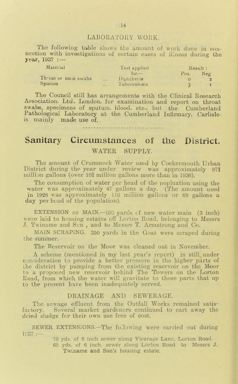 LABOllATOKY WOKK. The following taible slioAv.3 the amount of work done in con- nection with invostigations of certain cases of illnoss during the year, 1937 : — Material rh'oat or nose swabs Sputum Test applied for— Diphtheria I'uberculosis Result : Pos. Ncg O 2 3 1 Tho CouiKjil still has arrangements with the Clinical Research Association. Ltd'-, London, for examination and report on throat swabs, specimens of sputum, blood, etc-, but the Cumberland Pathological Laboratory at the Cumberland Infirmary, Carlisle- is mainly made use of. Sanitary Circumstances of the District. WATER SUPPLY- The amount of Crummock Water used by Cockermouth Urban District during the year under review v-^as appro.ximately 873 million gallons (over 103 million gallons more than in 1936). The consumption of water per head of the pophiation using the water was approximately 47 gallons a day. (The amount used in 1928 was approximately 116 million gallons or 68 gallons a day per head of the population). EXTENSION OF MAIN.—103 yards cf new water main (3 inch) were laid to housing estates off Lorton Road, belonging to Messrs J. Twiname and Son , and to Messrs T. Amistrong and Co. MAIN SCRAPING. 350 yards in the Goat were sci’aped during the summer. The Reservoir on the Moor was cleaned out in November. A scheme (mentioned in my last year’s report) in still, under consideration to provide a better pressiu’e in the higher parts of the district by pumping from the existing reservoir on the Moor to a proposed new reiservoir behind The 'Towers on the Lorton Road, from which the water Avill gravitate to those parts that up to the present have been inadequately served. DRAINAGE AND SEWERAGE. The sewage effluent from the Outfall Works remained satis- factory. Several market gardeners continued to cart away the dried sludge for their own use free of cost. SEWER EXTENSION'S.—The following were carried out during 1037 70 yds. of 6 inch sewer along Vicarage Lane, Lorton Road. 60 yds. of 6 inch, sewer along Lorton Road to Messrs J. Twiname and Son’s housing estate.