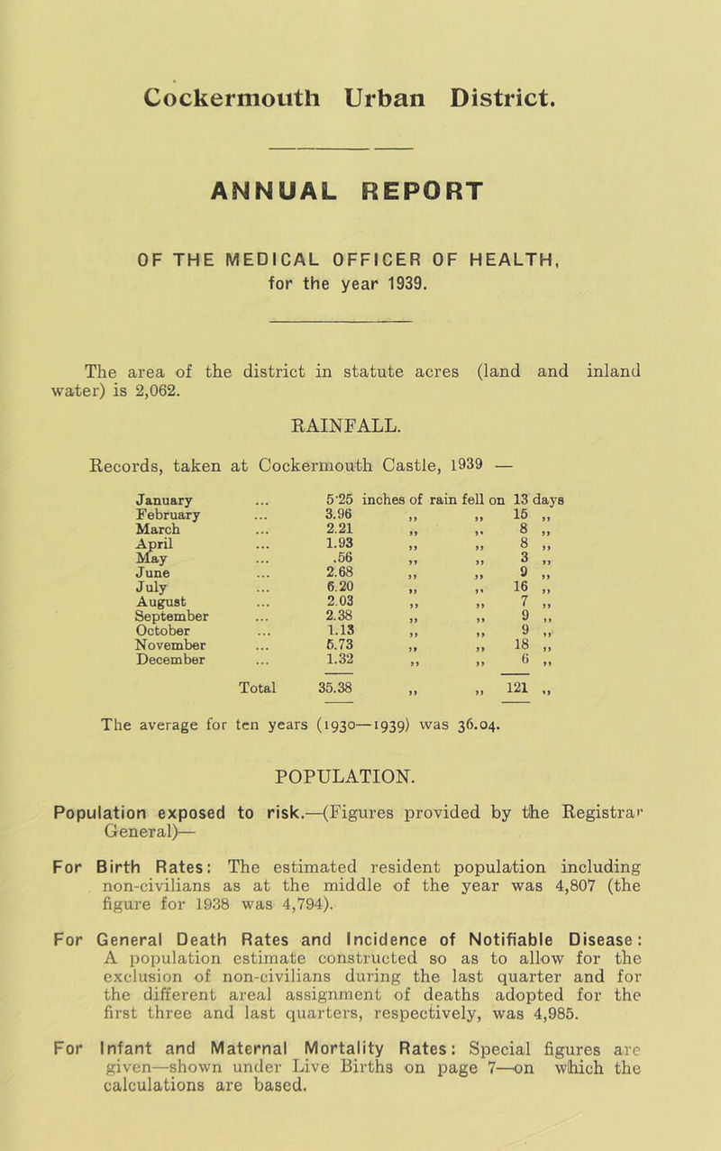 ANNUAL REPORT OF THE MEDICAL OFFICER OF HEALTH, for the year 1939. The area of the district in statute acres (land and inland water) is 2,062. RAINFALL. Records, taken at Cockermouth Castle, 1939 — January 5'25 inches of rain fell on 13 days February 3.96 ,, ,, 15 „ March 2.21 8 „ April May 1.93 8 „ .56 3 „ June 2.68 9 „ July 6.20 16 „ August 2.03 ,, ,, 7 „ September 2.38 9 October 1.13 9 ,, November 5,73 ,, ,, 18 „ December 1.32 6 „ Total 35.38 121 average for ten years (1930—1939) was 36.04. POPULATION. Population exposed to risk.—(Figures provided by the Registra'’ General)— For Birth Rates: The estimated resident population including non-civilians as at the middle of the year was 4,807 (the figure for 1938 was 4,794). For General Death Rates and Incidence of Notifiable Disease: A population estimate constructed so as to allow for the exclusion of non-civilians during the last quarter and for the different areal assignment of deaths adopted for the first three and last quarters, respectively, was 4,985. For Infant and Maternal Mortality Rates: Special figures are given—shown under Live Births on page 7—^on which the calculations are based.