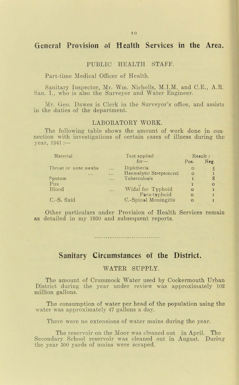 TO General Provision of Health Services in the Area. PUBLIC HEALTH STAFF. Part-time Medical Officer of Health. Sanitary Inspector, Mr. Win. Nicholls, M.I.M. and C.E., A.K. San. L, who is also the Surveyor and Water Engineer. Mr. Ceo. Dawes is Clerk in the Surveyor’s office, and assists in the duties of the department. LABORATORY WORK. The following table shows the amount of work done in con- nection with investigations of certain cases of illness during the year, 1941 :— Material Test applied Result: for— Pos. Neg. Throat or nose swabs .. Diphtheria o S ... Haemolytic Streptococci o I .‘Sputum Tuberculosis I 8 Pus »t I o Blood Widal for Typhoid o I Para-typhoid 0 I C.-S. fluid C.-Spiiial Meningitis o I Other particulars under Provision of Health Services remain as detailed in my 1930 and subsequent reports. Sanitary Circumstances ot the District. WATER SUPPLY. The amount of Crummock Water used by Cockermouth Urban District during the year under review was approximately 102 million gallons. The consumption of water per head of the population using the water was approximately 4'7 gallons a day. There were no extensions of water mains during the year. The reservoir on the Moor was cleaned out in April. The Secondary School reservoir w'as cleaned out in August. During the year 300 yards of mains were scraped.
