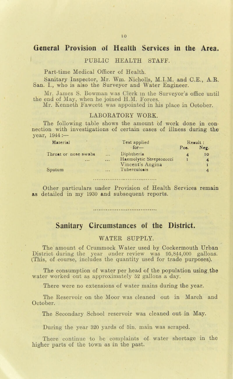 lO General Provision ol Health Services in the Area. PUBLIC HEALTH STAFF. Part-time Medical Officer of Health. Sanitary Inspector, Mr. Wm. Nicholls, M.I.M. and C.E., A.R. San. 1., who is also the Surveyor and Water Engineer. Mr. James S. Bowman was Clerk in the Surveyor’s office until the end of May, when he joined H.M. Forces. Mr. Kenneth Fawcett was appointed in his place in October. LABORATORY WORK. The following table shows the amount of work done in con- nection with investigations of certain cases of illness during the year, 1944:— Material Throat or nose svvaba Sputum Test applied Reault : for— Pos. Neg. Diphtheria 4 10 Haemolytic Streptococci i 4 Vincent’s Angina i Tuberculoais 4 Other particulars under Provision of Health Services remain as detailed in my 1930 and subsequent reports. Sanitary Circumstances ol the District. WATER SUPPLY. The amount of Crummock Water used by Cockermouth Urban District during the year under review was 95,844,000 gallons. (This, of course, includes the quantity used for trade purposes). The consumption of water per head of the population using the water worked out as approximately 52 gallons a day. There were no extensions of water mains during the year. The Reservoir, on the Moor was cleaned out in March and October. The Secondary School reservoir was cleaned out in May. During the year 320 yards of 5in. main was scraped. There continue to be complaints of water shortage in the higher parts of the town as in the past.