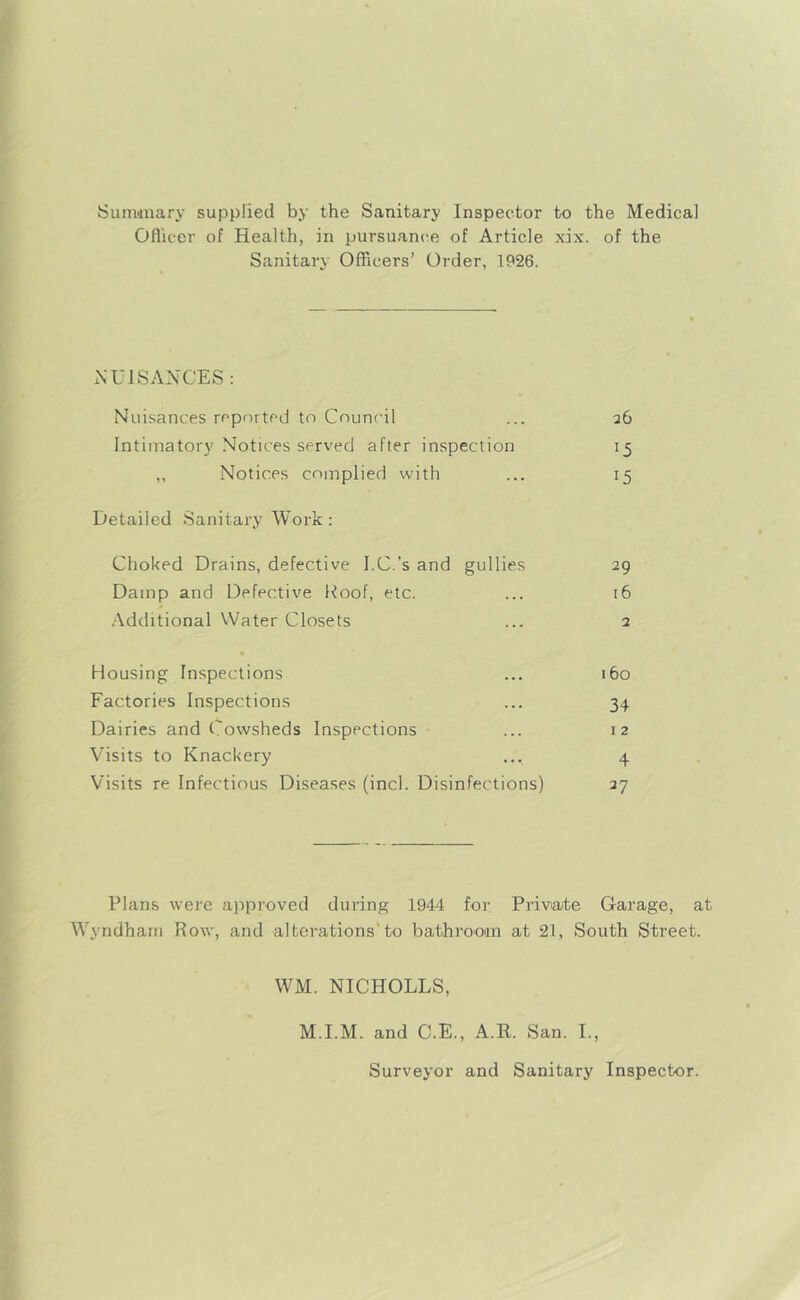 Suimnary supplied by the Sanitary Inspector to the Medical Oflicer of Health, in pursuance of Article xix. of the Sanitary Officers’ Order, 1926. iNUlSANCES : Nuisances repfirted to Council ... 26 Intiinatory Notices served after inspection 15 ,, Notices coinplied with ... 15 Detailed Sanitary Work: Choked Drains, defective I.C.’s and gullies 29 Damp and Defective Koof, etc. ... 16 ■Additional Water Closets ... 2 Housing Inspections ... 160 Factories Inspections ... 34 Dairies and Cowsheds Inspections ... 12 Visits to Knackery ... 4 Visits re Infectious Diseases (inch Disinfections) 27 Plans were approved during 1944 for Private Garage, at W'yndhairi Row, and alterations'to bathroonn at 21, South Street. VVM. NICHOLLS, M.I.M. and C.E., A.R. San. I., Surveyor and Sanitary Inspector.