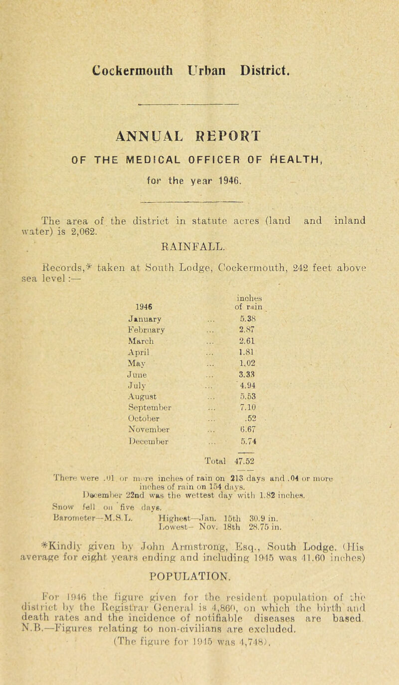 ANNUAL REPORT OF THE MEDICAL OFFICER OF HEALTH, for the year 1946. The area of the district in statute acres (land water) is 2,062. RAINFALL. and inland Records,'^ taken at ^South Lodge, Cockerinouth, 242 feet above sea level :— 1946 inches of ruin January 5.3H Feijriiary 2,87 March 2.61 April 1.81 May 1.02 J une 3.33 July 4.94 August 5.53 .September 7.10 October .52 November 6.67 December 5.74 Total 47.52 'J’hcrc were .01 nr rnm-o inches of rain on 213 days and .04 or more inches of rain on 154 days. Dacemlier 22nd was the wettest day witli 1.H2 iticlie.s. Snow fell on five days. llaroniet«‘r—M.S.L. Highest—.Ian. 15th 30.9 in. Lowest- Nov. 18th 2iS.75 in. *Kindiy given by .Jolin Aniustrong, Esq., South Lodge. (Jtis average for eight years ending and including was -11.60 inches) POPULATION. For 1016 the figure given for the i-esident population of llu' district by the Registrar Ocnei-a) is 1,86^1, on which the l)irlh and death rates and the incidence of notifiable diseases are based. N.B.—Figures relating bo non-civilians are excluded. (The figure for 191.6 was 4,748;,