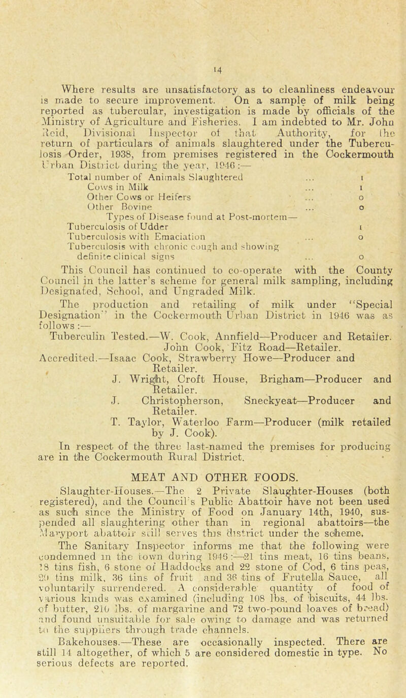 Where results are unsatisfactory as to cleanliness endeavour IS made to secure improvement. On a sample of milk being reported as tubercular, inyestigation is made by officials of the Ministry of Agriculture and Fisheries. 1 am indebted to Mr. John ilcid, Divisional Inspector oi that Authority, for I he return of particulars of animals slaughtered under the Tubercu- losis Order, 1938, from premises registered in the Cockermouth rrban District during the year, 1940:— Total number of .A.nirnals Slaughtered ... i Cows in Milk ... i Other Cows or Heifers ... o Other Bovine ... o Types of Disease found at Post-mortem— Tuberculosis of Udder i Tuberculosis with Emaciation ... o Tuberculosis with chronic cough and showing definite clinical signs ... o This Council has continued to co-operate with the County Council in the latter’s scheme for general milk sampling, including Designated, School, and Ungraded Milk. The production and retailing of milk under “Special Designation’’ in the Cockermouth Urban District in 1946 was as follows:— Tuberculin Tested.—W. Cook, Annfield—Producer and Retailer. John Cook, Fitz Road—Retailer. Accredited.—Isaac Cook, Strawberry Howe—Producer and Retailer. J. Wright, Croft House, Brigham—Producer and Retailer. J. Christopherson, Sneckyeat—Producer and Retailer. T. Taylor, Waterloo Farm—Producer (milk retailed by J. Cook). In respect of the three last-named the premises for producing are in the Cockermouth Rural District. MEAT AND OTHER FOODS. Slaughter-Houses.—The 2 Private Slaughter-Houses (both registered), and the Council’s Public Abattoir have not been used as such since the Ministry of Food on January 14th, 1940, sus- pended all slaughtering other than in regional abattoirs—the Mai-yport abattoij' iuill serves this district under the scheme. The Sanitary Inspector informs me that the following were condemned in the town during 1946 :—^21 tins meat, 16 tins beans, 18 tins fish, 6 stone of Haddocks and 22 stone of Cod, 6 tins peas, 29 tins milk, 36 tins of fruit and 36 tins of FrutelJa Sauce, all voluntarily surrendered. A considerable quantity of food of various kinds was e.samined tincluding 108 lbs. of biscuits, 44 lbs. of butter, 210 lbs. of margarine and 72 two-pound loaves of bread) .and found unsuitable for sale owing to damage and was returned to the suppliers through trade channels. Bakehouses.—These are occasionally inspected. There are still 14 altogether, of which 5 are considered domestic in type. No serious defects are reported.