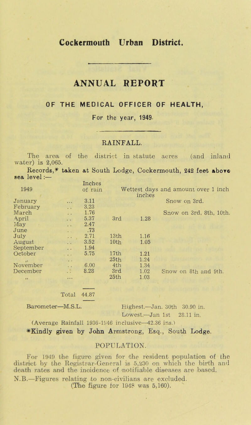 ANNUAL REPORT OF THE MEDICAL OFFICER OF HEALTH, For the year, 1949. RAINFALL. rhe area of the distnet in statute acres (and inland water) is 2,065. Records,taken at South Lodge, Cockermouth, 242 feet aboTe sea level:— Inches 1949 of rain Wettest days and amount over 1 inch January 3.11 February 3.23 March 1.76 A.pril 5.37 3rd May 2.47 June .73 July 2.71 13 th August 3.52 10th September 1.94 October 5.75 17 th 25th November 6.00 4th December 8.28 3rd »» • .. 25th Total 44.87 inches Snow on 3rd. Snow on 3rd. 8th, 10th. 1.28 1.16 1.05 1.21 1.24 1.34 1.02 Snow on 8th and 91 h. 1.03 Barometer—M.S.L. Plighest.—Jan. 30th 30.90 in. Lowest.'—Jan 1st 28.11 in. (Average Rainfall 1936-1946 inclusive—42.36 ins.) *Kindly given by John Armstrong, Esq., South Lodge. POPULATION. For 1949 the figure given for the resident population of the distnict by the Regi.sti-ai--G.eneraI i,s 5,230 on which the birth and death rates and the i.ncidcncc of notifiable ddseases are based. N.B.—Figures relating to non-civilians -arc excluded. (The figure for 1948 was 5,160).