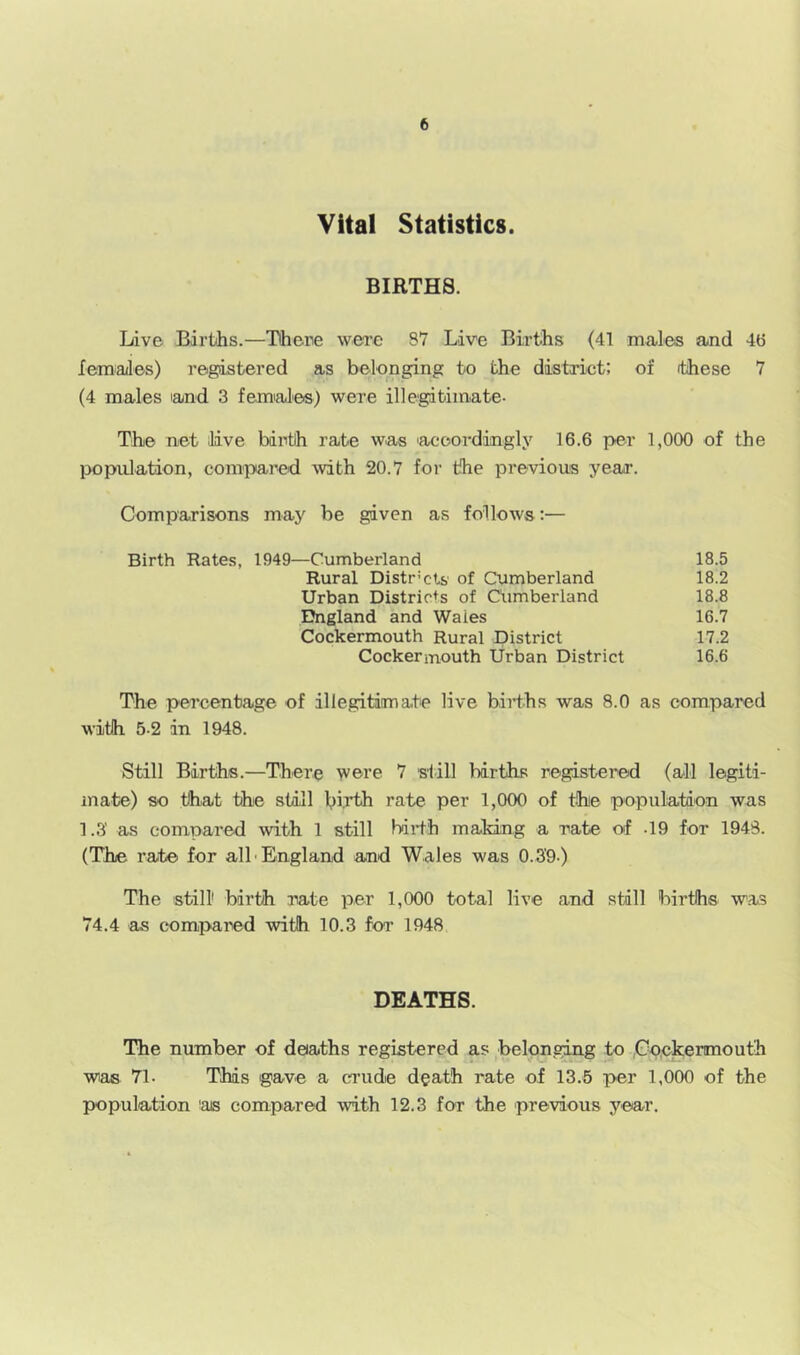 Vital Statistics. BIRTHS. Live Birtihs.—There were 87 Live Births (41 males and 46 lemales) registered as belonging to the district; of these 7 (4 males land 3 femialies) were illegitimate- The net live birth rate was 'acoordingly 16.6 per 1,000 of the population, compared ^vith 20.7 for the previous year. Comparisons may be given as follows:— Birth Rates, 1949—Cumberland 18.5 Rural Distr’cts of Cumberland 18.2 Urban Distric+s of Cumberland 18.8 England and Wales 16.7 Cockermouth Rural District 17.2 Cockermouth Urban District 16.6 The percentage of illegitimate live births was 8.0 as compared with 5-2 in 1948. Still Births.—There 'W©re 7 still births registered (all legiti- mate) so that the still hl^h rate per 1,000 of the population was 1.3' as compared with 1 still birth making a rate of .19 for 1948. (The rate for all'England and Wales was 0.3'9) The still' birth rate per 1,000 total live and still births was 74.4 as compared with 10.3 for 1948 DEATHS. The number of deaths registered as belonging to Cockermouth wias 71. This gave a crude death rate of 13.5 per 1,000 of the population ’as compared with 12.3 for the 'previous year.