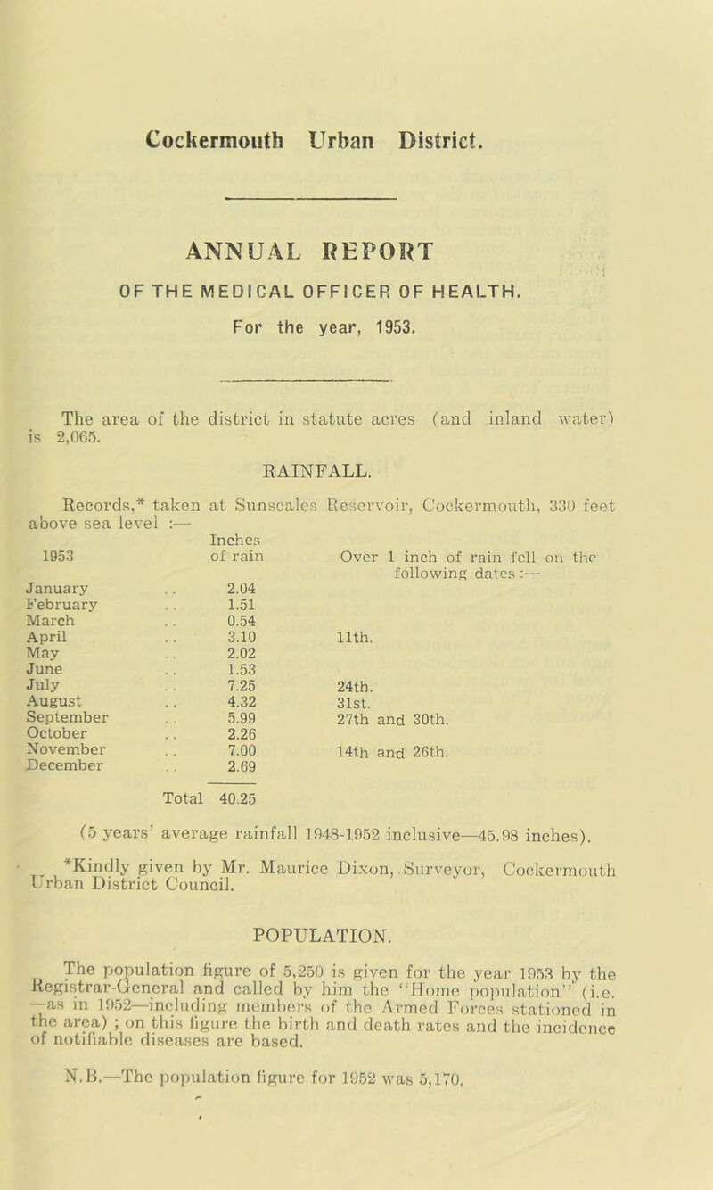 ANNUAL REPORT OF THE MEDICAL OFFICER OF HEALTH. For the year, 1953. The area of the district in statute acres (and inland Avater) is 2,0G5. RAINFALL. Records.* taken at Sunscales Reservoir. Cockermoiith. 330 feet above sea level 1953 Inches of rain January 2.04 February 1.51 March 0.54 April 3.10 May 2.02 June 1.53 July 7.25 August 4.32 September 5.99 October 2.26 November 7.00 December 2.69 Total 40.25 Over 1 inch of rain fell on the following dates :— 11th. 24 th. 31st. 27th and 30th. 14th and 26th. (5 years’ average rainfall 1948-1952 inclusive—45.98 inches). *Kindly given by Mr. Maurice Dixon, .Surveyor, Cockermoiith Lrban District Council. POPULATION. The population figure of 5,250 is given for the year 1953 by the Registrar-fieneral and called by him the “Home po]mlatinn’’ (i.e. —as in 19.52—including members of the Armed Forces stationed in the area) ; on this figure the birth and death rates and the incidence of notifiable diseases are based. N.B,—The pojmlation figure for 1952 was 5,170.