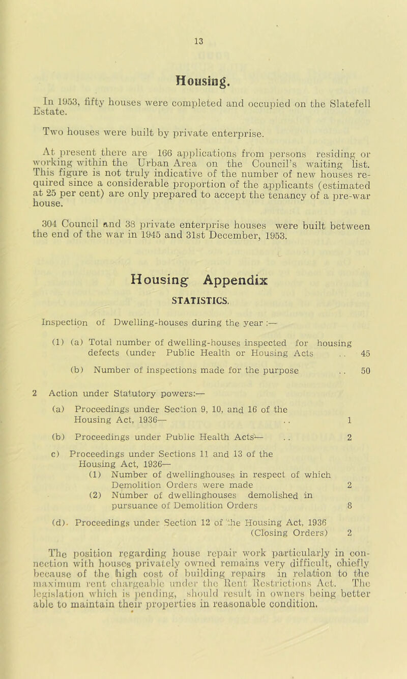 Housing. In 1953, fifty houses were completed and occujjied on the Slatefell histate. Two houses were built by private enterprise. At present there are 166 applications from persons residing or working within the Urban Area on the Council’s waiting list. This figure is not truly indicative of the number of new houses re- quired since a considerable proportion of the applicants (estimated at 25 per cent) are only jDrepared to accept the tenancy of a pre-war house. 304 Council and 38 private enterprise houses were built between the end of the war in 1945 and 31st December, 1953. Housing Appendix STATISTICS. Inspection of Dwelling-houses during the year ;— (1) (a) Total number of dwelling-houses inspected for housing defects (under Public Health or Housing Acts . . 45 (b) Number of inspections made for the purpose .. 50 2 Action imder Statutory powers:— (a) Proceedings under Section 9, 10, and 16 of the Housing Act, 1936— . . 1 (b) Proceedings under Public Health Acts^ .. 2 c) Proceedings under Sections 11 and 13 of the Housing Act, 1936— (1) Number of dwellinghouses in respect of which Demolition Oi'ders were made 2 (2) Number of dwellinghouses demolished 'in pursuance of Demolition Orders 8 (d). Proceedings under Section 12 of the Housing Act, 1936 (Closing Orders) 2 The position regarding house repair work particularly in con- nection with houses privately owned remains very difficult, chiefly because of the high cost of building repairs in relation to the maximum rent cliargcal)ic under tlio Rent Restrictions Act. The legislation which is pending, should result in owners being better able to maintain their properties in reasonable condition.