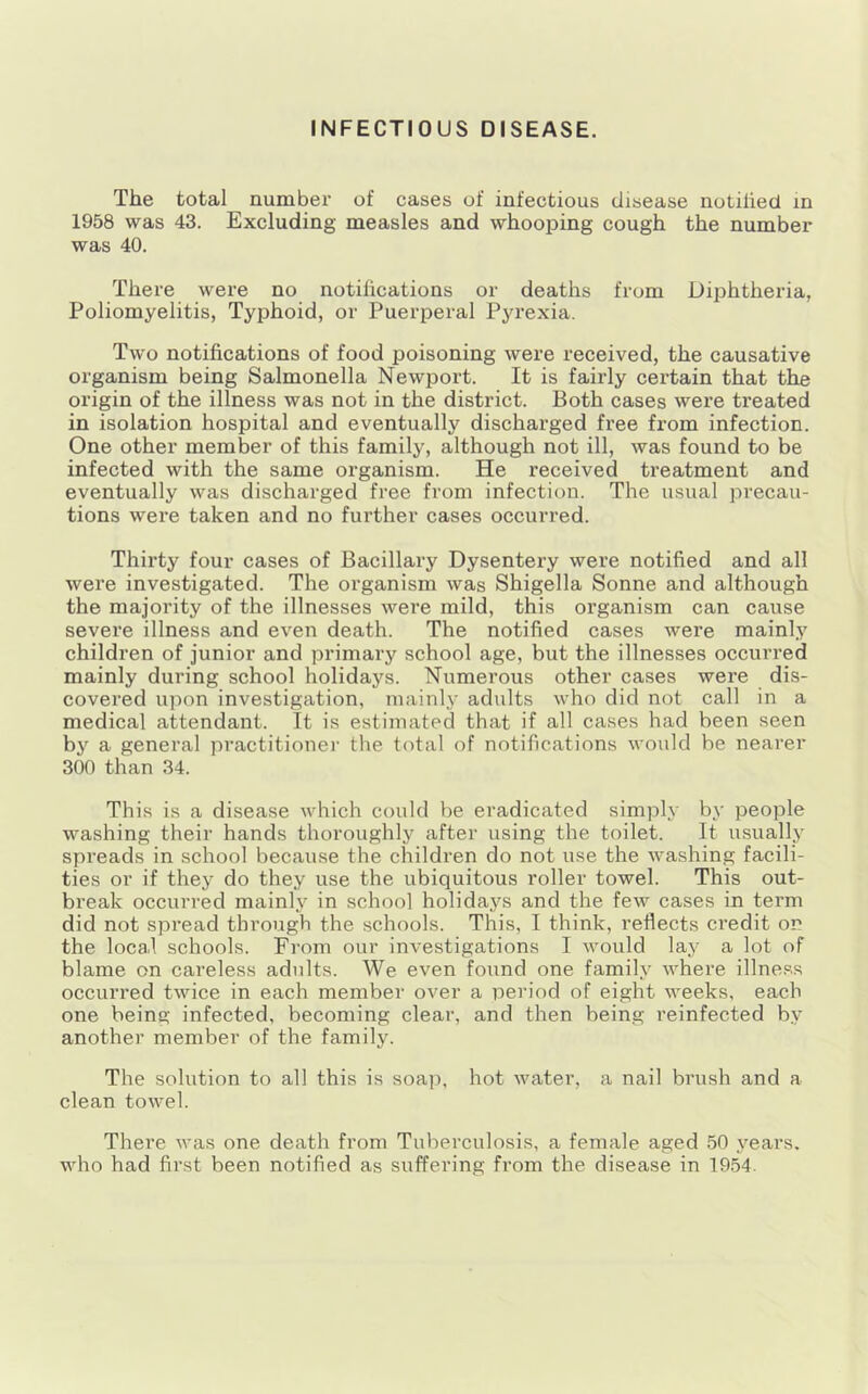 INFECTIOUS DISEASE. The total numbei’ of cases of infectious disease notified in 1958 was 43. Excluding measles and whooping cough the number was 40. There were no notifications or deaths from Diphtheria, Poliomyelitis, Typhoid, or Puerperal Pyrexia. Two notifications of food poisoning were received, the causative organism being Salmonella Newport. It is fairly certain that the origin of the illness was not in the district. Both cases were treated in isolation hospital and eventually discharged free from infection. One other member of this family, although not ill, was found to be infected with the same organism. He received treatment and eventually was discharged free from infection. The usual precau- tions were taken and no further cases occurred. Thirty four cases of Bacillary Dysentery were notified and all were investigated. The organism was Shigella Sonne and although the majority of the illnesses were mild, this organism can cause severe illness and even death. The notified cases were mainly children of junior and primary school age, but the illnesses occurred mainly during school holidays. Numerous other cases were dis- covered upon investigation, mainly adults who did not call in a medical attendant. It is estimated that if all cases had been seen by a general practitioner the total of notifications would be nearer 300 than 34. This is a disease which could be eradicated simply by people washing their hands thoroughly after using the toilet. It usually spi’eads in school because the children do not use the washing facili- ties or if they do they use the ubiquitous roller towel. This out- break occurred mainly in school holidays and the few cases in term did not spread through the schools. This, I think, reflects credit on the local schools. From our investigations I would la}- a lot of blame on careless adults. We even found one family where illness occurred twice in each member over a period of eight weeks, each one being infected, becoming clear, and then being reinfected by another member of the family. The solution to all this is soap, hot water, a nail brush and a clean towel. There was one death from Tuberculosis, a female aged 50 years, who had first been notified as suffering from the disease in 1954.