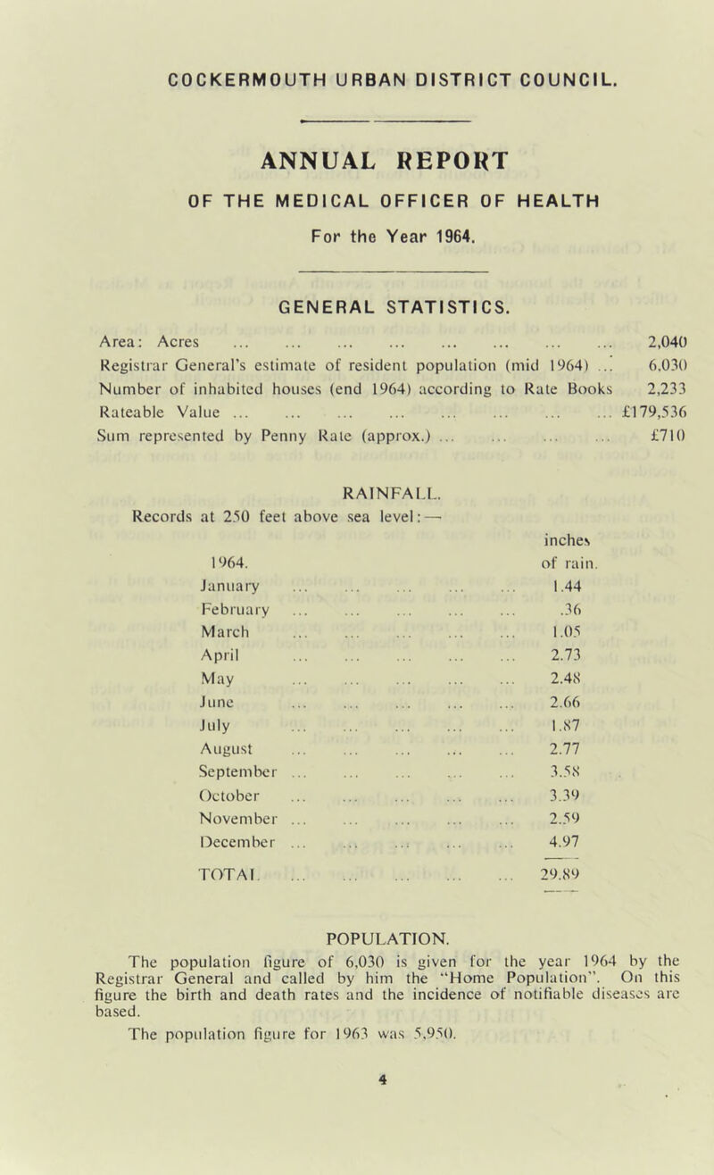 ANNUAL REPORT OF THE MEDICAL OFFICER OF HEALTH For the Year 1964. GENERAL STATISTICS. Area: Acres 2,040 Registrar General’s estimate of resident population (mid 1964) .. 6,030 Number of inhabited houses (end 1964) according to Rate Books 2,233 Rateable Value ... ... ... ... ... ... ... ... £179,536 Sum represented by Penny Rate (approx.) ... ... ... ... £710 RAINFALL. Records at 250 feet above sea level: —• inches 1964. of rain. January ... ... .. ... . . 1.44 February ... ... ... ... ... .36 March ... ... ... ... ... 1.05 April 2.73 May 2.4S June ... ... ... ... ... 2.66 July 1.S7 August 2.77 September ... ... ... ... ... 3.5.S’ October ... ... ... ... ... 3.39 November ... ... ... ... ... 2.59 December ... ... ... ... ... 4.97 TOT A1 29.89 POPULATION. The population figure of 6,030 is given for the year 1964 by the Registrar General and called by him the “Home Population”. On this figure the birth and death rates and the incidence of notifiable diseases are based. The population figure for 1963 was 5.950.