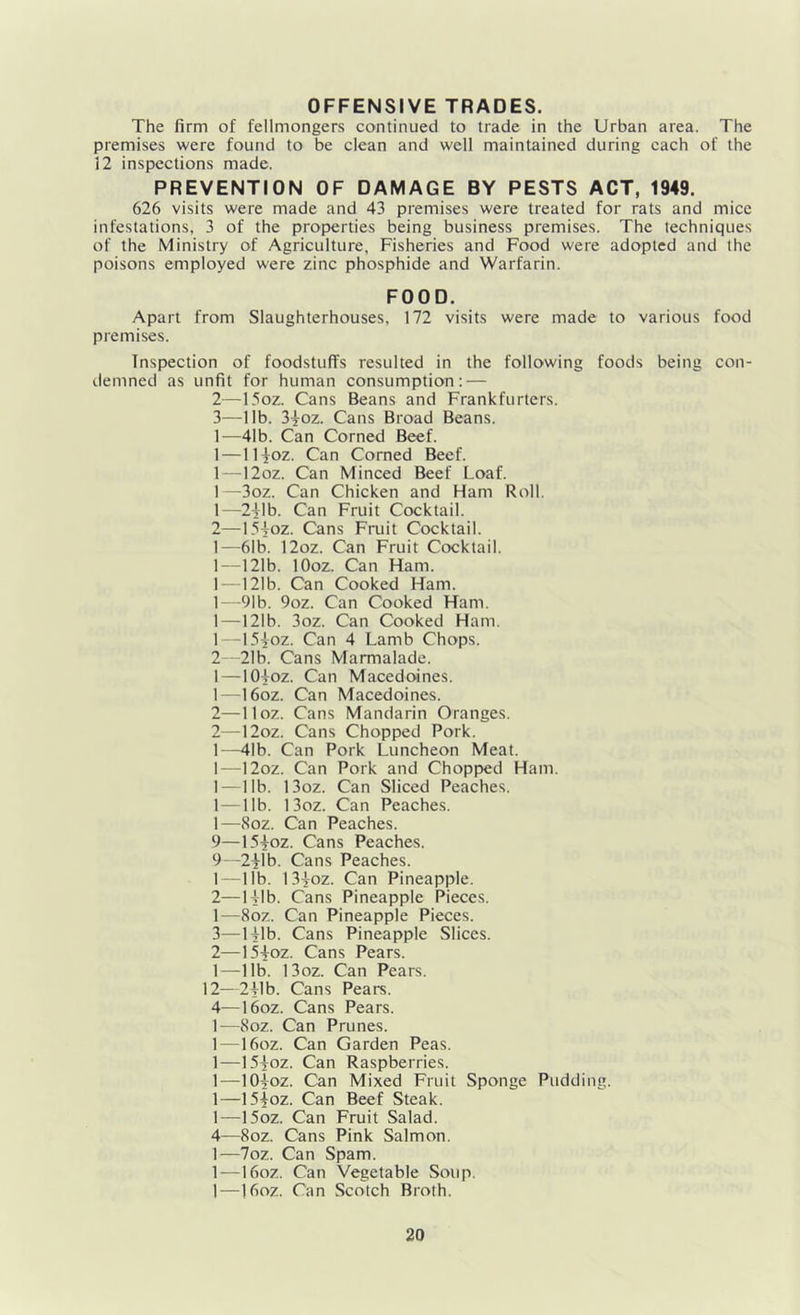 OFFENSIVE TRADES. The firm of fellmongers continued to trade in the Urban area. The premises were found to be clean and well maintained during each of the 12 inspections made. PREVENTION OF DAMAGE BY PESTS ACT, 1949. 626 visits were made and 43 premises were treated for rats and mice infestations, 3 of the properties being business premises. The techniques of the Ministry of Agriculture, Fisheries and Food were adopted and the poisons employed were zinc phosphide and Warfarin. FOOD. Apart from Slaughterhouses, 172 visits were made to various food premises. Inspection of foodstuffs resulted in the following foods being con- demned as unfit for human consumption; — 2— 15oz. Cans Beans and Frankfurters. 3— 11b. 3ioz. Cans Broad Beans. 1^—41b. Can Corned Beef. 1 — llioz. Can Corned Beef. 1—12oz. Can Minced Beef Loaf. 1—3oz. Can Chicken and Ham Roll. 1— 2Tlb. Can Fruit Cocktail. 2— 15tOZ. Cans Fruit Cocktail. 1—61b. 12oz. Can Fruit Cocktail. l- -121b. lOoz. Can Ham. 1 — 121b. Can Cooked Ham. 1 -91b. 9oz. Can Cooked Ham. 1 — 121b. 3oz. Can Cooked Ham. 1—15ioz. Can 4 Lamb Chops. 2 21b. Cans Marmalade. 1 — IOtOz. Can Macedoines. 1- --I60Z. Can Macedoines. 2— lloz. Cans Mandarin Oranges. 2—12oz. Cans Chopped Pork. 1—41b. Can Pork Luncheon Meat. 1—12oz. Can Pork and Chopped Ham. 1—11b. 13oz. Can Sliced Peaches. 1—lib. 13oz. Can Peaches. 1—80Z. Can Peaches. 9—15ioz. Cans Peaches. 9-“-2|lb. Cans Peaches. 1— lib. 13ioz. Can Pineapple. 2— IHb. Cans Pineapple Pieces. 1— 80Z. Can Pineapple Pieces. 3— Hlb. Cans Pineapple Slices. 2— 15+oz. Cans Pears. 1—lib. 13oz. Can Pears. 12—2ilb. Cans Pears. 4— I60Z. Cans Pears. 1—80Z. Can Prunes. 1—I60Z. Can Garden Peas. 1—15ioz. Can Raspberries. 1—lOloz. Can Mtixed Fruit Sponge Pudding. 1—I5I0Z. Can Beef Steak. 1—15oz. Can Fruit Salad. 4—80Z. Cans Pink Salmon. 1—7oz. Can Spam. 1—I60Z. Can Vegetable Soup. 1—|6oz. Can Scotch Broth.