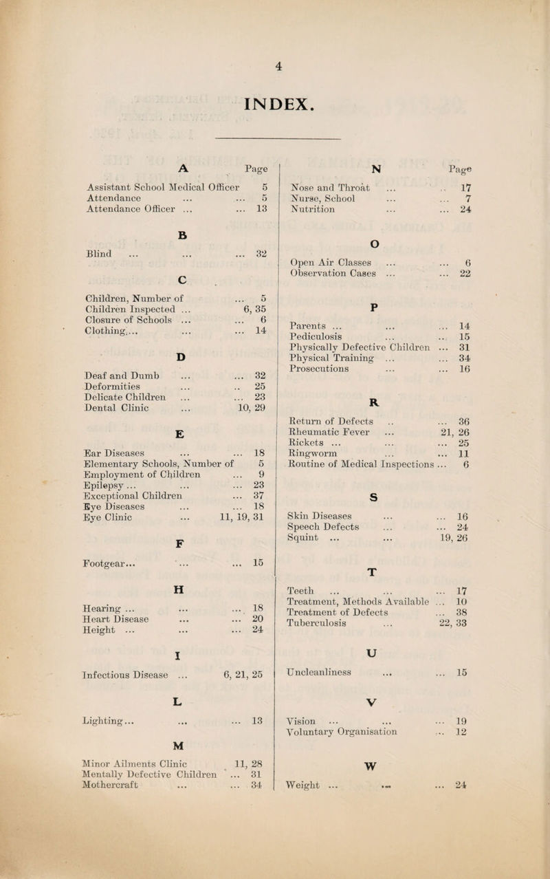 INDEX. A Page Assistant School Medical Officer 5 Attendance ... ... 5 Attendance Officer ... ... 13 N Page Nose and Throat 17 Nurse, School ... 7 Nutrition ... 24 Blind 32 C Children, Number of Children Inspected ... Closure of Schools ... Clothing;... D Deaf and Dumb Deformities Delicate Children Dental Clinic ... 5 6, 35 ... 6 ... 14 ... 32 . 25 ... 23 10, 29 Ear Diseases ... ... 18 Elementary Schools, Number of 5 Employment of Children ... 9 Epilepsy... ... ... 23 Exceptional Children ... 37 Eye Diseases ... ... 18 Eye Clinic ... 11, 19, 31 F O Open Air Classes ... 6 Observation Cases ... ... 22 P Parents ... 14 Pediculosis 15 Physically Defective Children ... 31 Physical Training 34 Prosecutions 16 R Return of Defects 36 Rheumatic Fever 21, 26 Rickets ... 25 Ringworm • • • 11 Routine of Medical Inspections ... 6 S Skin Diseases ... 16 Speech Defects ... 24 Squint ... ... 19, 26 Footgear... 9 ... 15 H Hearing ... • • • ... 18 Heart Disease • • • ... 20 Height ... • • • ... 24 I Infectious Disease ... 6, 21, 25 T Teeth ... ... ... 17 Treatment, Methods Available ... 10 Treatment of Defects ... 38 Tuberculosis ... 22, 33 U Uncleanliness ... ... 15 L Lighting... ... ... 13 M Minor Ailments Clinic 11, 28 Mentally Defective Children ... 31 Mothercraft ... ... 34 V Vision Voluntary Organisation w W eight ... 19 12 24