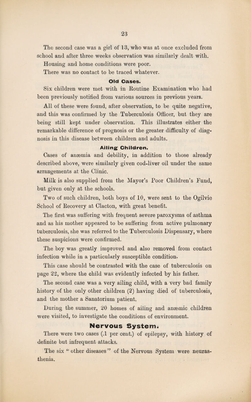 The second case was a girl of 13, who was at once excluded from school and after three weeks observation was similarly dealt with. Housing and home conditions were poor. There was no contact to be traced whatever. Old Cases. Six children were met with in Koutine Examination who had been previously notified from various sources in previous years. All of these were found, after observation, to be quite negative, and this was confirmed by the Tuberculosis Officer, but they are being still kept under observation. This illustrates either the remarkable difference of prognosis or the greater difficulty of diag¬ nosis in this disease between children and adults. Ailing Children. Cases of anaemia and debility, in addition to those already described above, were similarly given cod-liver oil under the same arrangements at the Clinic. Milk is also supplied from the Mayor’s Poor Children’s Pund, but given only at the schools. Two of such children, both boys of 10, were sent to the Ogilvie School of Kecovery at Clacton, with great benefit. The first was suffering with frequent severe paroxysms of asthma and as his mother appeared to be suffering from active pulmonary tuberculosis, she was referred to the Tuberculosis Dispensary, where these suspicions were confirmed. The boy was greatly improved and also removed from contact infection while in a particularly susceptible condition. This case should be contrasted with the case of tuberculosis on page 22, where the child was evidently infected by his father. The second case was a very ailing child, with a very bad family history of the only other children (2) having died of tuberculosis, and the mother a Sanatorium patient. During the summer, 20 homes of ailing and anaemic children were visited, to investigate the conditions of environment. Nervous System. There were two cases (.1 per cent.) of epilepsy, with history of definite but infrequent attacks. The six “ other diseases ” of the Nervous System were neuras¬ thenia.