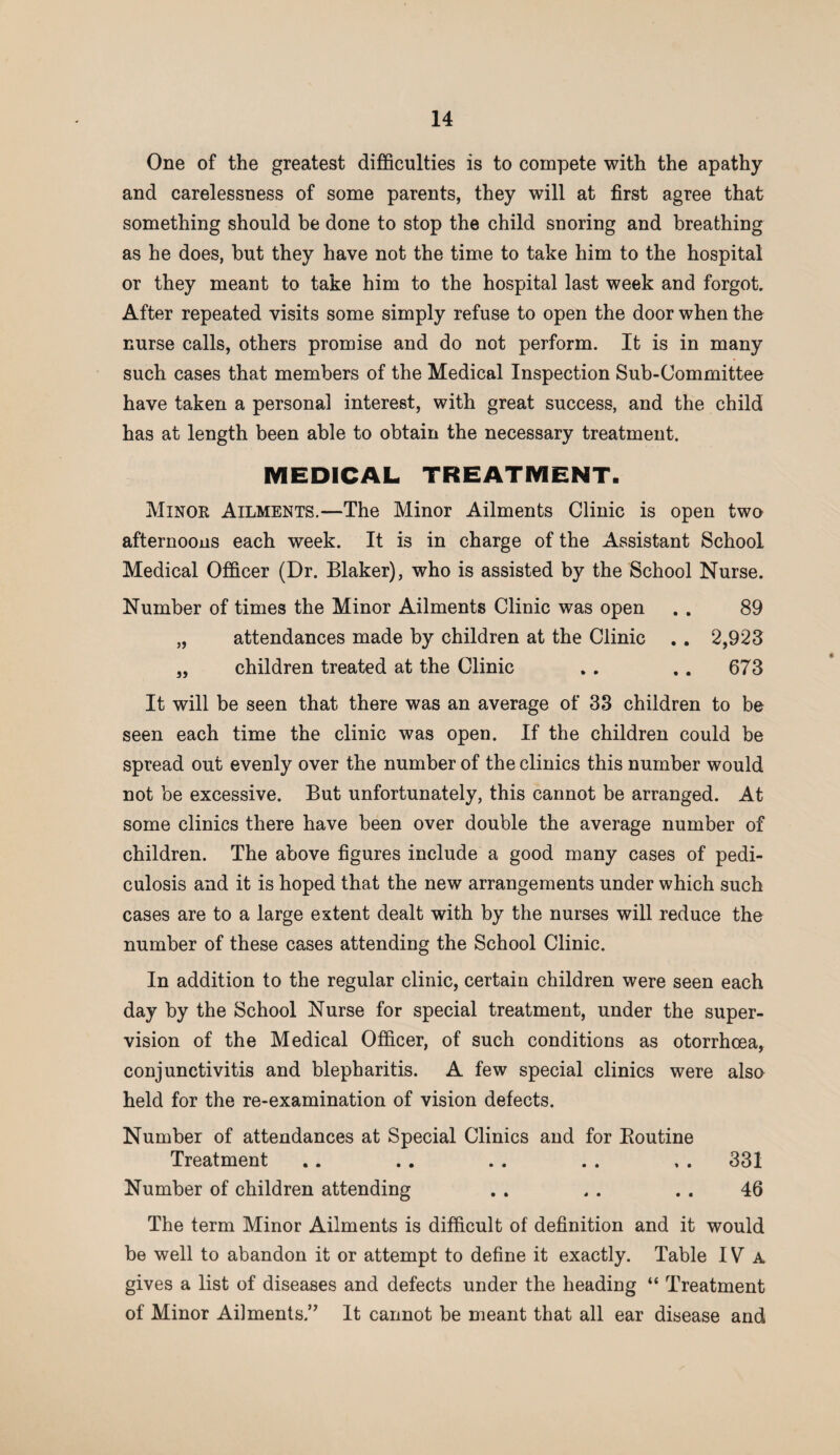 One of the greatest difficulties is to compete with the apathy and carelessness of some parents, they will at first agree that something should be done to stop the child snoring and breathing as he does, but they have not the time to take him to the hospital or they meant to take him to the hospital last week and forgot. After repeated visits some simply refuse to open the door when the nurse calls, others promise and do not perform. It is in many such cases that members of the Medical Inspection Sub-Committee have taken a personal interest, with great success, and the child has at length been able to obtain the necessary treatment. MEDICAL TREATMENT. Minor Ailments.—The Minor Ailments Clinic is open two afternoons each week. It is in charge of the Assistant School Medical Officer (Dr. Blaker), who is assisted by the School Nurse. Number of times the Minor Ailments Clinic was open . . 89 „ attendances made by children at the Clinic . . 2,923 „ children treated at the Clinic . . .. 673 It will be seen that there was an average of 33 children to be seen each time the clinic was open. If the children could be spread out evenly over the number of the clinics this number would not be excessive. But unfortunately, this cannot be arranged. At some clinics there have been over double the average number of children. The above figures include a good many cases of pedi¬ culosis and it is hoped that the new arrangements under which such cases are to a large extent dealt with by the nurses will reduce the number of these cases attending the School Clinic. In addition to the regular clinic, certain children were seen each day by the School Nurse for special treatment, under the super¬ vision of the Medical Officer, of such conditions as otorrhcea, conjunctivitis and blepharitis. A few special clinics were also held for the re-examination of vision defects. Number of attendances at Special Clinics and for Boutine Treatment . . . . . . . . , . 331 Number of children attending . . . . . . 46 The term Minor Ailments is difficult of definition and it would be well to abandon it or attempt to define it exactly. Table IV a gives a list of diseases and defects under the heading “ Treatment of Minor Ailments/’ It cannot be meant that all ear disease and