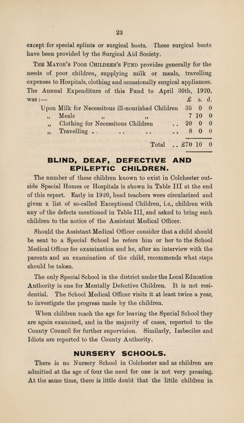 except for special splints or surgical boots. These surgical boots have been provided by the Surgical Aid Society. The Mayor’s Poor Children’s Fund provides generally for the needs of poor children, supplying milk or meals, travelling expenses to Hospitals, clothing and occasionally surgical appliances. The Annual Expenditure of this Fund to April 30th, 1920, was :— £ s. d. Upon Milk for Necessitous ill-nourished Children 35 0 0 „ Meals „ „ 7 10 0 „ Clothing for Necessitous Children . . 20 0 0 „ Travelling . , . . . . . . 8 0 0 ■ > -»— ■■ ■ Total . . £70 10 0 BLIND, DEAF, DEFECTIVE AND EPILEPTIC CHILDREN. The number of these children known to exist in Colchester out¬ side Special Homes or Hospitals is shown in Table III at the end of this report. Early in 1920, head teachers were circularized and given a list of so-called Exceptional Children, i.e., children with any of the defects mentioned in Table III, and asked to bring such children to the notice of the Assistant Medical Officer. Should the Assistant Medical Officer consider that a child should be sent to a Special School he refers him or her to the School Medical Officer for examination and he, after an interview with the parents and an examination of the child, recommends what steps should be taken. The only Special School in the district under the Local Education Authority is one for Mentally Defective Children. It is not resi¬ dential. The School Medical Officer visits it at least twice a year, to investigate the progress made by the children. When children reach the age for leaving the Special School they are again examined, and in the majority of cases, reported to the County Council for further supervision. Similarly, Imbeciles and Idiots are reported to the County Authority. NURSERY SCHOOLS. There is no Nursery School in Colchester and as children are admitted at the age of four the need for one is not very pressing. At the same time, there is little doubt that the little children in