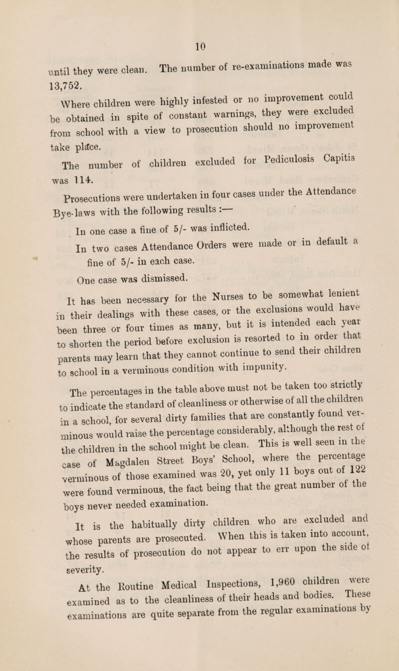 until they were clean. The number of re-examinations made was 13,752. Where children were highly infested or no improvement could be obtained in spite of constant warnings, they were excluded from school with a view to prosecution should no improvemen take pl£ce. The number of children excluded for Pediculosis Capitis was 114. Prosecutions were undertaken in four cases under the Attendance Bye-laws with the following results : In one case a fine of 5/- was inflicted. In two cases Attendance Orders were made or in default a fine of 5j- in each case. One case was dismissed. It has been necessary for the Nurses to be somewhat lenient in their dealings with these cases, or the exclusions would have been three or four times as many, but it is intended each year to shorten the period before exclusion is resorted to in order that parents may learn that they cannot continue to send their children to school in a verminous condition with impunity. The percentages in the table above must not be taken too strictly to indicate the standard of cleanliness or otherwise of all the children in a school, for several dirty families that are constantly found ver¬ minous would raise the percentage considerably, although the rest o the children in the school might be clean. This is well seen m t e case of Magdalen Street Boys’ School, where the percentage verminous of those examined was 20, yet only 11 boys out of 122 were found verminous, the fact being that the great number of the boys never needed examination. It is the habitually dirty children who are excluded and whose parents are prosecuted. When this is taken into account the results of prosecution do not appear to err upon the side o severity. At the Routine Medical Inspections, 1,960 children were examined as to the cleanliness of their heads and bodies. These examinations are quite separate from the regular examinations y