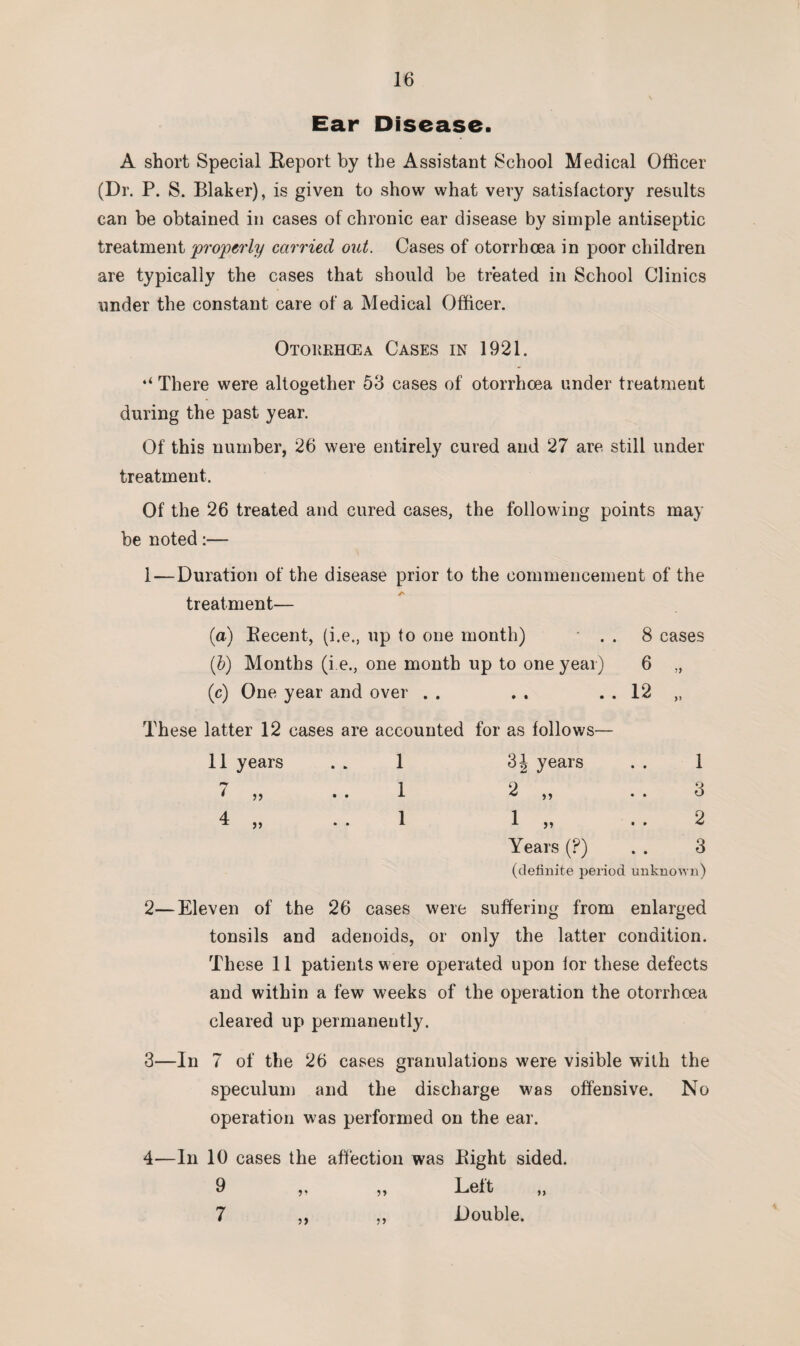 Ear Disease. A short Special Report by the Assistant School Medical Officer (Dr. P. S. Blaker), is given to show what very satisfactory results can be obtained in cases of chronic ear disease by simple antiseptic treatment properly carried out. Cases of otorrbcea in poor children are typically the cases that should be treated in School Clinics under the constant care of a Medical Officer. Otorrhcea Cases in 1921. There were altogether 53 cases of otorrhcea under treatment during the past year. Of this number, 26 were entirely cured and 27 are still under treatment. Of the 26 treated and cured cases, the following points may be noted:— 1—Duration of the disease prior to the commencement of the treatment— (a) Recent, (i.e., up to one month) . . 8 cases (b) Months (i.e., one month up to one year) 6 „ (c) One year and over . . . . . . 12 „ These latter 12 cases are accounted for as follows— 11 years 1 41 years 1 7 „ 1 2 „ 3 4 „ 1 1 „ 2 Years (?) 3 (definite period unknown) 2— Eleven of the 26 cases were suffering from enlarged tonsils and adenoids, or only the latter condition. These 11 patients were operated upon for these defects and within a few weeks of the operation the otorrhcea cleared up permanently. 3— In 7 of the 26 cases granulations were visible with the speculum and the discharge was offensive. No operation was performed on the ear. 4— In 10 cases the affection was Right sided. 9 ,. ,, Left ,, 7 „ ,, Double.