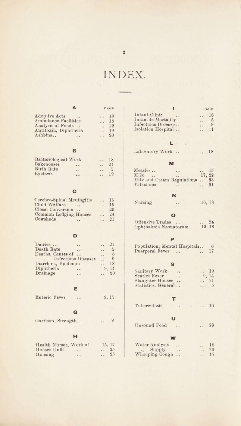 INDEX. A FAGK Adoptive Acts .. 19 Ambulance Facilities ... 18 Analysis of Foods .. .. 22 Antitoxin, Diphtheria .. 19 j Ashbins.. ..20 i 1 B Bacteriological Work .. 18 Bakehouses 01 • • 1 Birth Rate 5 Byelaws ., ..19 i C Cerebro-Spiual Meningitis . . 15 ! Child Welfare ..15 1 Closet Conversion .. .. 20 Common Lodging Houses .. 24 Cowsheds .. 21 D Dairies .. .. 21 Death Rate .. 5 Deaths, Causes of .. .. 8 ,, infectious Diseases .. 9 Diarrhoea, Epidemic Diphtheria .. 18 9, 14 Drainage .. 20 E Enteric Fever 9, 15 G Garrison, Strength.. .. 6 H Health Nurses, Work of 15, 17 Houses Unfit .. 25 Housing .. 25 1 PAGE Infant Clinic • • 16 Infantile Mortality • • 5 Infectious Diseases.. « • 9 Isolation Hospital .. • * 11 L Laboratory Work .. • • 18 M JMeasles ., ., • • 15 Milk 17, 22 Milk and Cream Regulations • • 23 Milkshops • • 21 fi Nursing 16, 18 O Offensive Trades • • 24 Ophthalmia Neonatorum 10, 18 P Population, Mental Hospitals « • 6 Puerperal Fever ., t < 17 S Sanitary Work • • 19 Scarlet Fever 9, 14 Slaughter Houses .. • • 21 Statistics. General .. • » 5 T Tuberculosis 10 U Unsound Food • » 23 W Water Analysis >• • 18 ,, Supply • • 20 Whooping Cough .. * • 15