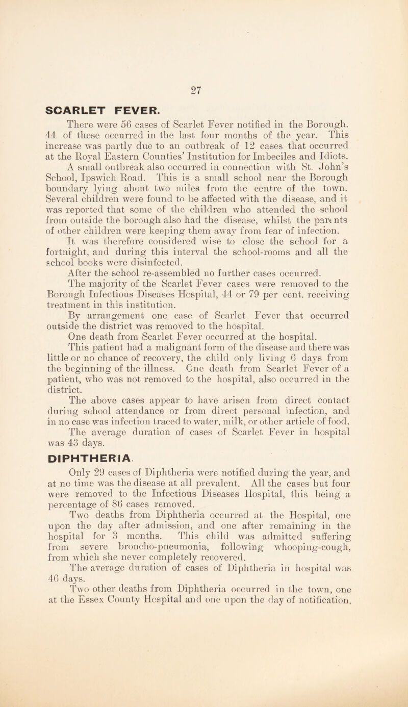 SCARLET FEVER. There were 56 cases of Scarlet Fever notified in the Borough. 44 of these occurred in the last four months of the year. This increase was partly due to an ontl^reak of 12 cases that occurred at the Royal Eastern Counties’ Institution for Imbeciles and Idiots. A small outbreak also occurred in connection with St, John’s School, Ipswich Road. This is a small school near the Borough boundary lying about two miles from the centre of the town. Several children were found to be affected with the disease, and it was reported that some of the children who attended the school from outside the borough also had the disease, whilst the parents of other children were keeping them away from fear of infection. It was therefore considered wise to close the scliool for a fortnight, and during this interval the school-rooms and all the school books were disinfected. After the school re-assembled no further cases occurred. The majority of the Scarlet Fever cases were removed to the Borough Infectious Diseases Hospital, 44 or 79 per cent, receiving treatment in this institution. By arrangement one case of Scarlet Fever that occurred outside the district was removed to the hospital. One death from Scarlet Fever occurred at the hospital. This patient had a malignant form of the disease and there was little or no chance of recovery, the child only living 6 days from the beginning of the illness. Cne death from Scarlet Fever of a patient, who was not removed to the hos23ital, also occurred in the district. The above cases appear to have arisen from direct contact during school attendance or from direct personal infection, and in no case was infection traced to water, milk, or other article of food. The average duration of cases of Scarlet Fever in hos]3itaI was 43 days. DIPHTHERIA Only 29 cases of Diphtheria were notified during the year, and at no time was the disease at all prevalent. All the cases but four were removed to the Infectious Diseases Hospital, this being a 2)ercentage of 86 cases removed. Two deaths from Diphtheria occurred at the Hospital, one upon the day after admission, and one after remaining in the hospital for 3 months. This child was admitted sulfering from severe broncho-pneumonia, following whoo2:)ing-cough, from which she never completely recovered. The average duration of cases of Diphtheria in hos2)ital was 46 days. Two other deaths from Diphtheria occurred in the town, one at the Essex County Hospital and one upon the flay of notification.