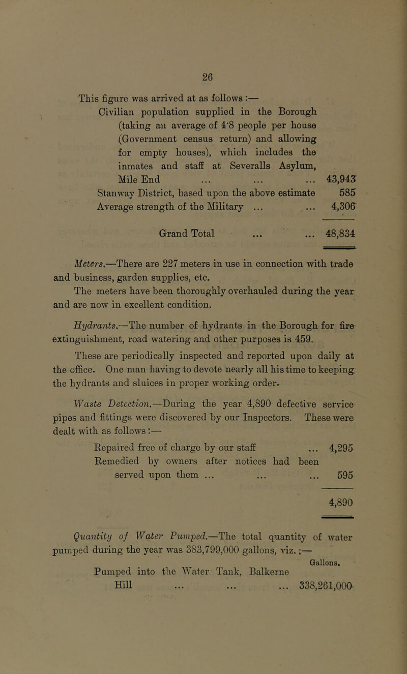 This figure was arrived at as follows :— Civilian population supplied in the Borough (taking an average of I’S people per house (Government census return) and allowing for empty houses), which includes the inmates and stafE at Severalls Asylum, Mile End ... ... ... 43,943: Stan way District, based upon the above estimate 585 Average strength of the Military ... ... 4,306' Grand Total ... ... 48,834 Meters.—There are 227 meters in use in connection with trade and business, garden supplies, etc. The meters have been thoroughly overhauled during the year and are now in excellent condition. Hydrants,—The number of hydrants in the Borough for fire extinguishment, road watering and other purposes is 459. These are periodically inspected and reported upon daily at the office. One man having to devote nearly all his time to keeping, the hydrants and sluices in proper working order. Waste Detection,—During the year 4,890 defective service pipes and fittings were discovered by our Inspectors. These were dealt with as follows:— Repaired free of charge by our staff ... 4,295 Remedied by owners after notices had been served u^Don them ... ... ... 595 4,890 Quantity of Water Pumped.—The total quantity of water pumped during the year was 383,799,000 gallons, viz.;— Gallons, Pumped into the AVater Tank, Balkerne Hill ... ... ... 338,261,00a