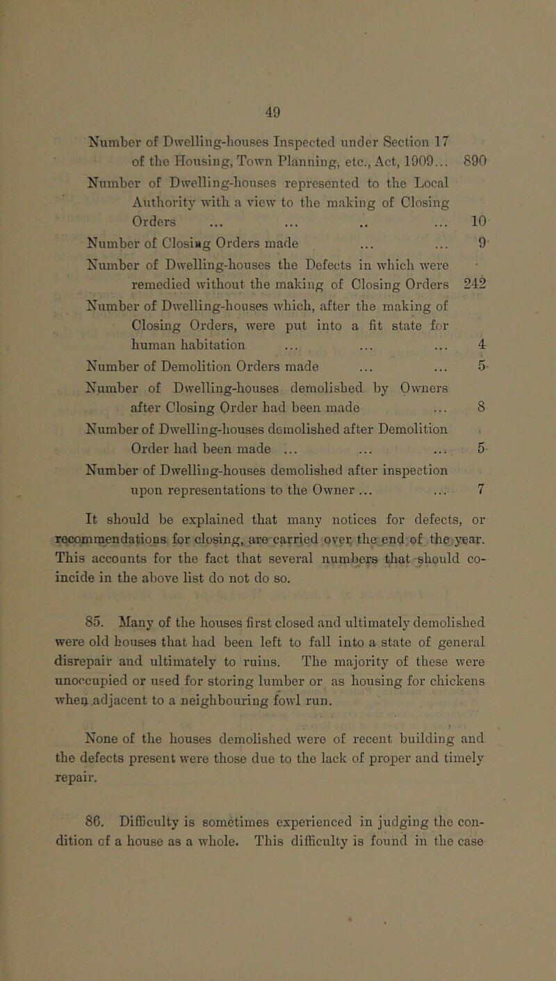 Number of Dwelling-liouses Inspected under Section 17 of the Housing, Town Planning, etc.. Act, 1909... 890 Number of Dwelling-houses represented to the Local Authority with a Anew to the making of Closing Orders ... ... .. ... 10 Number of Closiag Orders made ... ... 9 Number of Dwelling-houses the Defects in which were remedied without the making of Closing Orders 242 Number of Dwelling-houses which, after the making of Closing Orders, were put into a fit state for human habitation ... ... ... 4 Number of Demolition Orders made ... ... 5 Number of Dwelling-houses demolished by Owners after Closing Order had been made ... 8 Number of Dwelling-houses demolished after Demolition ) Order had been made ... ... ... 5- Number of Dwelling-houses demolished after inspection upon representations to the Owner ... ... 7 It should be explained that many notices for defects, or recommendations for closing, are carried over thn end of the j'car. This accounts for the fact that several numbers that should co- incide in the above list do not do so. 85. Many of the houses first closed and ultimately demolished were old houses that had been left to fall into a state of general disrepair and ultimately to ruins. The majority of these were unoccupied or used for storing lumber or as housing for chickens whep adjacent to a neighbouring fowl run. None of the houses demolished were of recent building and the defects present Avere those due to the lack of proper and timely repair. 86. Difficulty is sometimes experienced in judging the con- dition of a house as a Avhole. This difficulty is found in the case