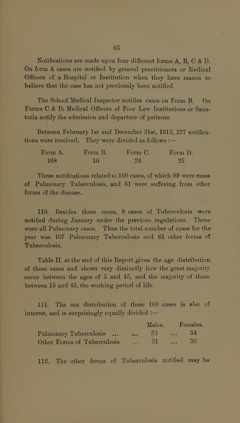 65 Notifications are made upon four different forms A, B, C & D. On form A cases are notified by general practitioners or ]\iedical Officers of a Hospital or Institution when they have reason to believe that the case has not previously been notified. The School Medical Inspector notifies cases on Form B. On Forms C & D, Medical Officers of Poor Law Institutions or Sana- toria notify the admission and departure of patients. Between February 1st and December 31st, 1913, 227 notifica- tions were received. They were divided as follows :— Foim A. Form B. Form C. Form D. 168 10 24 25 These notifications related to 160 cases, of which 99 were cases of Pulmonary Tuberculosis, and 61 were suffering from other forms of the disease. 110. Besides these cases, 8 cases of Tuberculosis were^ notified during Januai'y under the previous regulations. These w'ere all Pulmonary cases. Thus the total number of cases for the year was 107 Pulmonary Tuberculosis and 61 other forms of Tuberculosis. Table II. at the end of this Report gives the age distribution of these cases and shows very distinctly how the great majority occixr between the ages of 5 and 45, and the majority of these between 15 and 45, the working period of life. 111. The sex distribution of these 168 cases is also of interest, and is surprisingly equally divided :— Males. Females. Pulmonary Tubercidosis ... ... 53 ... 54 Other Forais of Tuberculosis ... 31 ... 30