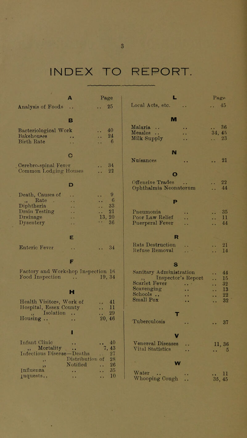 3 INDEX TO REPORT. A Page Analysis of Foods .. .. 25 B Bacteriological Work .. 40 Bakehouses .. .. 24 Birth Rate .. .. 6 O . Cerebro-spinal Fever .. 34 Common Lodging Houses ,. 22 O Death, Causes of .. ,. 9 ,, Rate . .. .. 6 Diphtheria .. .. 33 Drain Testing .. .. 21 Drainage . - 13, 20 Dysentery .. • • 36 E Enteric Fever .. .. 34 F Factory and Workshop Inspection 16 Food Inspection .. 19,34 H Health Visitors, Work of .. 41 Hospital, Essex County .. 11 ,, Isolation .. .. 29 Housing .. ,. 20, 46 I Infant Clinic .. .. 40 ,, Mortality ... 7,43 Infectious Disease—Deaths .. 27 ,, Distribution of 28 ,, Notified .. 26 Influenza .. .. 35 inquests.. .. ..10 L Page Local Acts, etc. 45 M Malaria .. ., 36 Measles .. 34, 45 Milk Supply .. 23 N Nuisances. .. 21 O Offensive Trades .. 22 Ophthalmia Neonatorum .. 44 P Pneumonia .. 35 Poor Law Relief .. 11 Puerperal Fever .. 44 R Rats Destruction .. 21 Refuse Removal .. • .. 14 S Sanitary Administration .. 44 ,, Inspector’s Report .. 15 Scarlet Fever .. ■ .. 32 Scavenging .. 13 Schools .. .. 22 Small Pox .. 32 T Tuberculosis .. 37 V Venereal Diseases 11, 36 Vital Statistics .. 5 W Water .. 11 Whooping Cough .. 35, 45