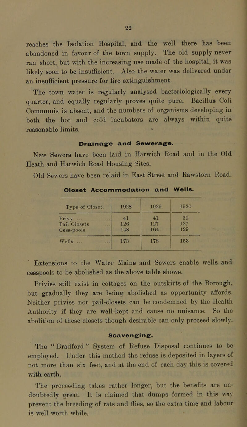 reaches the Isolation Hospital, and the well there has been abandoned in favour of the town supply. The old supply never ran short, but with the increasing use made of the hospital, it was likely soon to be insufficient. Also the water was delivered under an insufficient pressure for fire extinguishment. The town water is regularly analysed bacteriologicallv every quarter, and equally regularly proves quite pure. Bacillus Coli Communis is absent, and the numbers of organisms developing in both the hot and cold incubators are always within quite reasonable limits. Drainage and Sewerage. New Sewers have been laid in Harwich Road and in the Old Heath and Harwich Road Housing Sites. Old Sewers have been relaid in East Street and Rawstorn Road. Closet Accommodation and Wells. Type of Closet. 1928 1929 1930 Privy ... 41 41 39 Pail Closets 126 127 127 Cess-pools 148 164 129 Wells ... 173 178 153 Extensions to the Water Mains and Sewers enable wells and cesspools to be abolished as the above table shows. Privies still exist in cottages on the outskirts of the Borough, but gradually they are being abolished as opportunity affords. Neither privies nor pail-closets can be condemned by the Health Authority if they are well-kept and cause no nuisance. So the abolition of these closets though desirable, can only proceed slowly. Scavenging. The “ Bradford ” System of Refuse Disposal continues to be employed. Under this method the refuse is deposited in layers of not more than six feet, and at the end of each day this is covered with earth. The proceeding takes rather longer, but the benefits are un- doubtedly great. It is claimed that dumps formed in this way prevent the breeding of rats and flies, so the extra time and labour is well worth while.