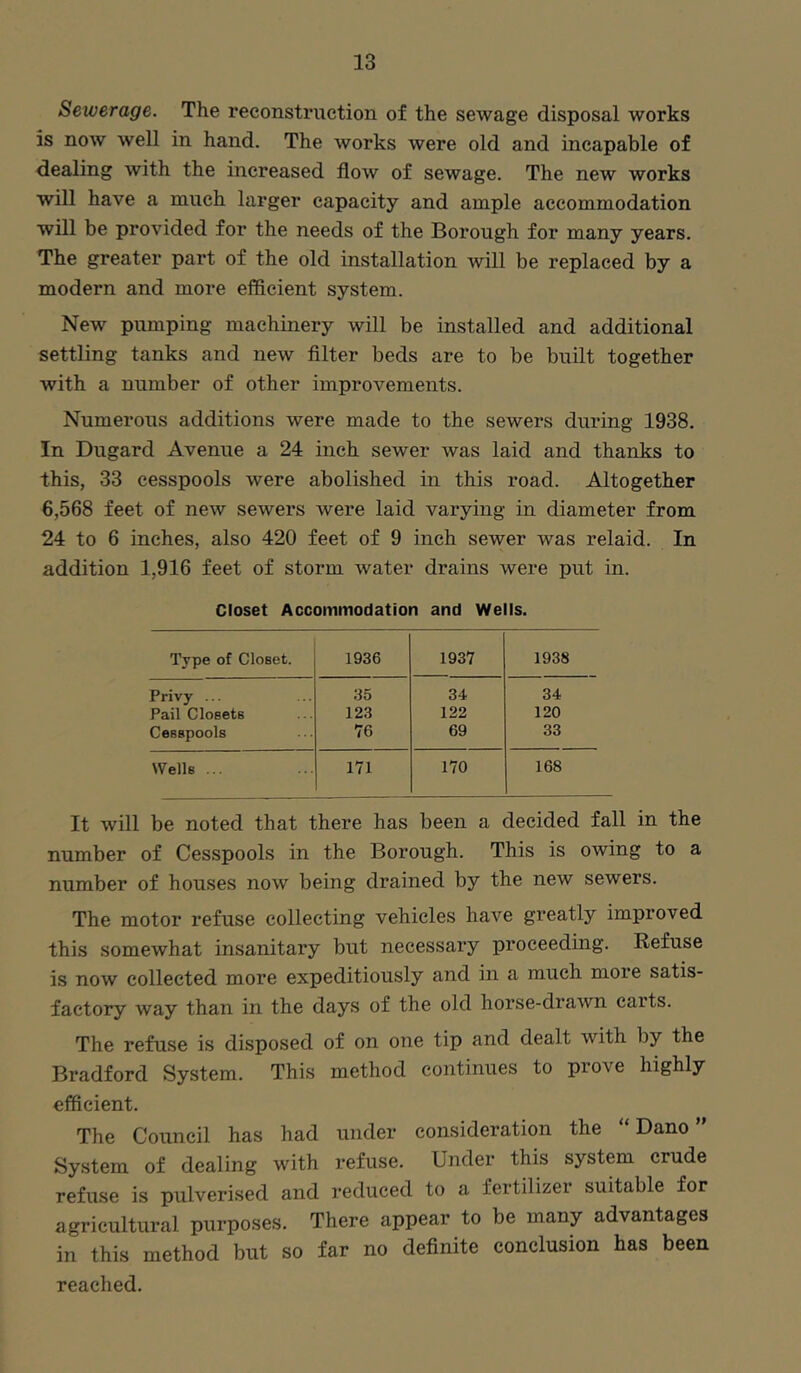 Sewerage. The reconstruction of the sewage disposal works is now well in hand. The works were old and incapable of dealing with the increased flow of sewage. The new works will have a much larger capacity and ample accommodation will be provided for the needs of the Borough for many years. The greater part of the old installation will be replaced by a modern and more efficient system. New pumping machinery will be installed and additional settling tanks and new Alter beds are to be built together with a number of other improvements. Numerous additions were made to the sewers during 1938. In Dugard Avenue a 24 inch sewer was laid and thanks to this, 33 cesspools were abolished in this road. Altogether 6,568 feet of new sewers were laid varying in diameter from 24 to 6 inches, also 420 feet of 9 inch sewer was relaid. In addition 1,916 feet of storm water drains were put in. Closet Accommodation and Wells. Type of Closet. 1936 1937 1938 Privy ... 35 34 34 Pail Closets 123 122 120 Cesspools 76 69 33 Wells ... 171 170 168 It will be noted that there has been a decided fall in the number of Cesspools in the Borough. This is owing to a number of houses now being drained by the new sewers. The motor refuse collecting vehicles have greatly improved this somewhat insanitary but necessary proceeding. Refuse is now collected more expeditiously and in a much more satis- factory way than in the days of the old horse-drawn carts. The refuse is disposed of on one tip and dealt with by the Bradford System. This method continues to prove highly efficient. The Council has had under consideration the Dano System of dealing with refuse. Under this system crude refuse is pulverised and reduced to a fertilizer suitable for agricultural purposes. There appear to be many advantages in this method but so far no definite conclusion has been reached.
