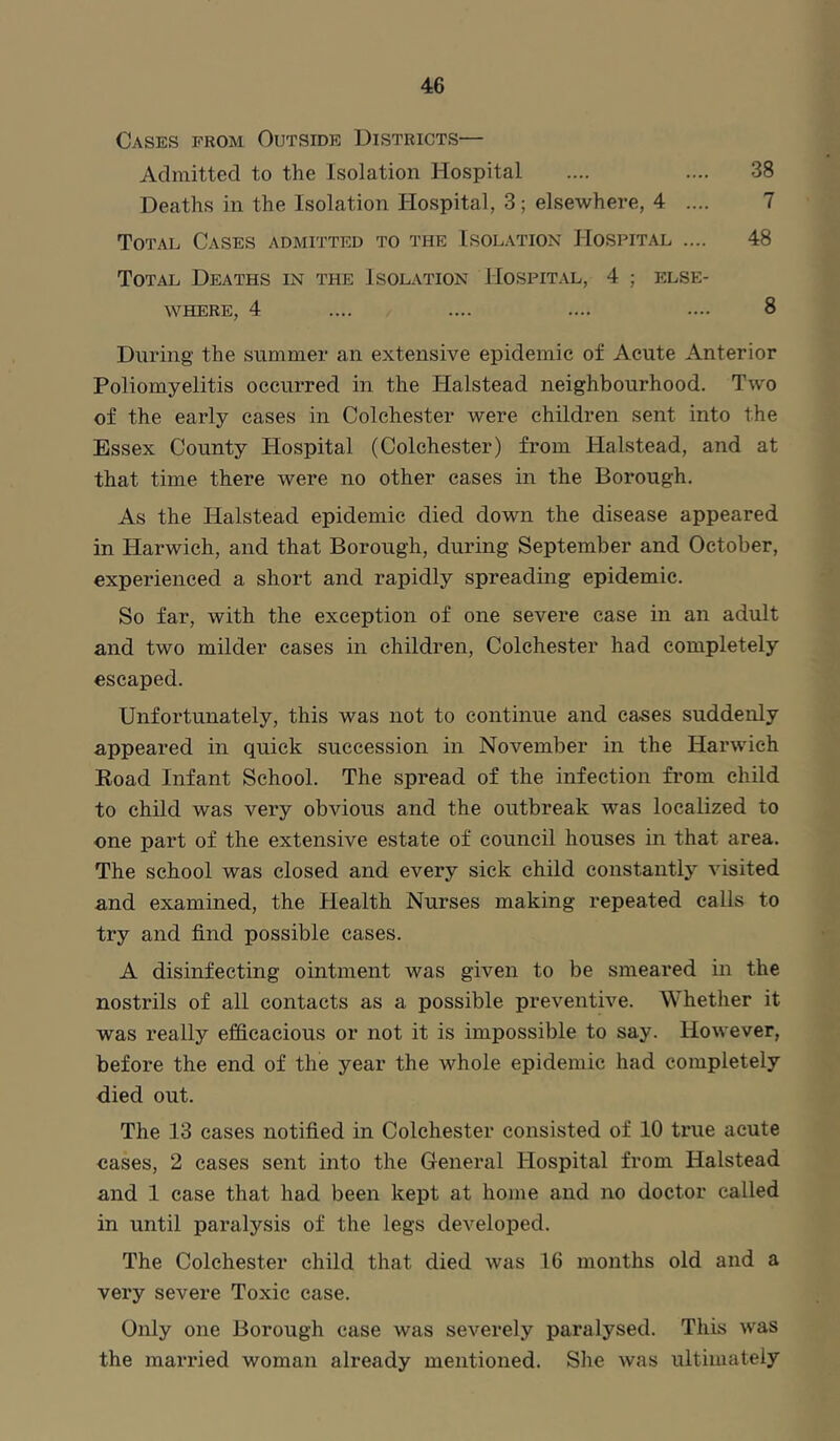 Cases prom Outside Districts— Admitted to the Isolation Hospital .... .... 38 Deaths in the Isolation Hospital, 3; elsewhere, 4 .... 7 Total Cases admitted to the Isolation Hospital .... 48 Total Deaths in the Isolation Hospital, 4 ; else- where, 4 .... .... .... .... 8 During the summer an extensive epidemic of Acute Anterior Poliomyelitis occurred in the Halstead neighbourhood. Two of the early cases in Colchester were children sent into the Essex County Hospital (Colchester) from Halstead, and at that time there were no other cases in the Borough, As the Halstead epidemic died down the disease appeared in Harwich, and that Borough, during September and October, experienced a short and rapidly spreading epidemic. So far, with the exception of one severe case in an adult and two milder cases in children, Colchester had completely escaped. Unfortunately, this was not to continue and cases suddenly appeared in quick succession in November in the Harwich Road Infant School. The spread of the infection from child to child was very obvious and the outbreak was localized to one part of the extensive estate of council houses in that area. The school was closed and every sick child constantly visited and examined, the Health Nurses making repeated calls to try and find possible cases. A disinfecting ointment was given to be smeared in the nostrils of all contacts as a possible preventive. Whether it was really efficacious or not it is impossible to say. However, before the end of the year the whole epidemic had completely died out. The 13 cases notified in Colchester consisted of 10 true acute cases, 2 cases sent into the General Hospital from Halstead and 1 ease that had been kept at home and no doctor called in until paralysis of the legs developed. The Colchester child that died was 16 months old and a very severe Toxic case. Only one Borough case was severely paralysed. This was the married woman already mentioned. She was ultimately