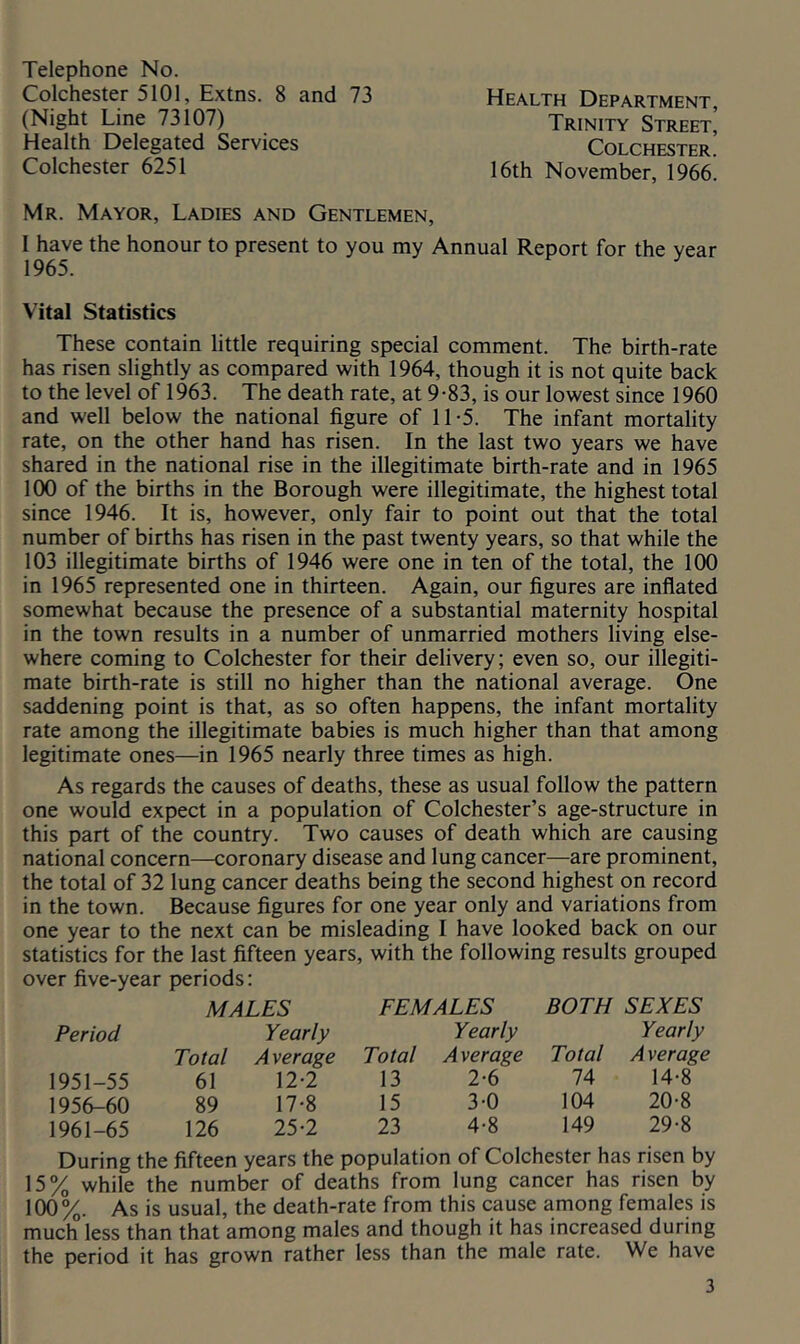 Telephone No. Colchester 5101, Extns. 8 and 73 Health Department (Night Line 73107) Trinity Street^ Health Delegated Services Colchester. Colchester 6251 16th November, 1966. Mr. Mayor, Ladies and Gentlemen, I have the honour to present to you my Annual Report for the year 1965. Vital Statistics These contain little requiring special comment. The birth-rate has risen slightly as compared with 1964, though it is not quite back to the level of 1963. The death rate, at 9-83, is our lowest since 1960 and well below the national figure of 11-5. The infant mortality rate, on the other hand has risen. In the last two years we have shared in the national rise in the illegitimate birth-rate and in 1965 100 of the births in the Borough were illegitimate, the highest total since 1946. It is, however, only fair to point out that the total number of births has risen in the past twenty years, so that while the 103 illegitimate births of 1946 were one in ten of the total, the 100 in 1965 represented one in thirteen. Again, our figures are inflated somewhat because the presence of a substantial maternity hospital in the town results in a number of unmarried mothers living else- where coming to Colchester for their delivery; even so, our illegiti- mate birth-rate is still no higher than the national average. One saddening point is that, as so often happens, the infant mortality rate among the illegitimate babies is much higher than that among legitimate ones—in 1965 nearly three times as high. As regards the causes of deaths, these as usual follow the pattern one would expect in a population of Colchester’s age-structure in this part of the country. Two causes of death which are causing national concern—coronary disease and lung cancer—are prominent, the total of 32 lung cancer deaths being the second highest on record in the town. Because figures for one year only and variations from one year to the next can be misleading I have looked back on our statistics for the last fifteen years, with the following results grouped over five-year periods: Period MALES Yearly FEMALES Yearly BOTH SEXES Yearly Total Average Total A verage Total Average 1951-55 61 12-2 13 2-6 74 14-8 1956-60 89 17-8 15 3-0 104 20-8 1961-65 126 25-2 23 4-8 149 29-8 During the fifteen years the population of Colchester has risen by 15% while the number of deaths from lung cancer has risen by 100%. As is usual, the death-rate from this cause among females is much less than that among males and though it has increased during the period it has grown rather less than the male rate. We have