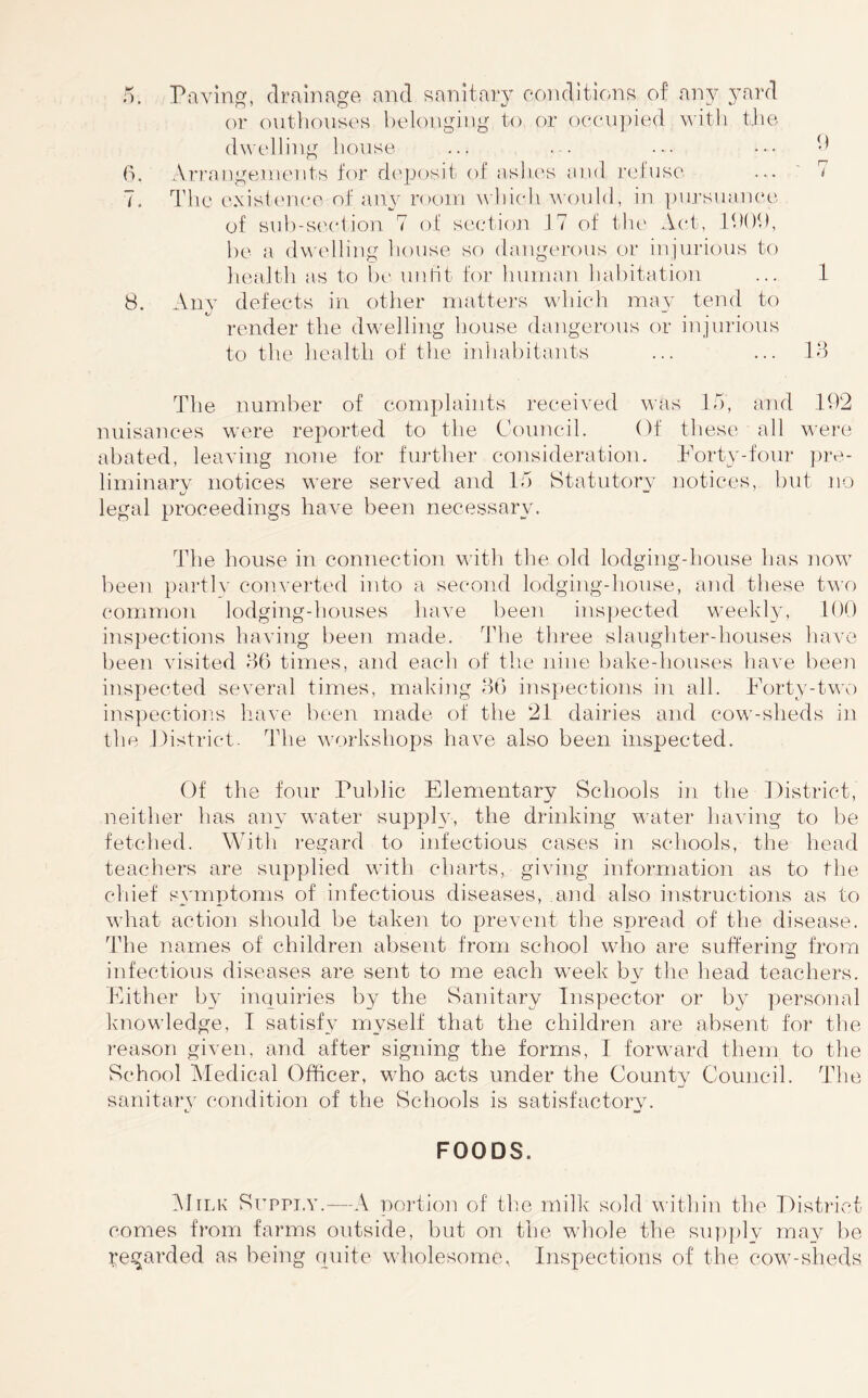 or ontliousert belonging to or oecujn’ed tJie (Iwtdling lionse ... ... ... ••• b B. Arrangenients for depoRit of aslu's and relnsc ... ' 7 7. The e.xisit'iieo of any room wliieli \\ould, in piij-snaiu'e of snb-R(Hdion 7 of section J7 of the Act, IhOU, he a dwelling liouse so dangerous or iniurions to liealtli as to l)e niiHt for liiiman lial)itation ... 1 8. Any defects in other matters wdneh may tend to render the dwelling house dangerous or injurious to the health of the inhabitants ... ... Id The number of c.om|)laints receiyed was In, and 192 nuisances were reported to the Council. Of these all w’ere abated, leayiiig none for fiudher consideration. Forty-four ja-e- liminary notices were served and In Statutory notices, but no tj ^ legal proceedings have been necessary. The house in connection wdth the old lodging-liouse has now been partly converted into a second lodging-honse, and these two common lodging-houses have been inspected weekly, 100 inspections having been made. The three slaughter-houses have been visited 06 times, and each of the nine bake-houses have been inspected several times, making 06 inspections in all. Forty-two ins])ections have been made of the 21 dairies and cow’-sheds in the District. The w^orkshops have also been inspected. Of the four Public Elementary Schools in the District, neither has any water supphy the drinking waiter having to be fetched. With regard to infectious cases in schools, the head teachers are supplied with charts, giving information as to the chief symptoms of infectious diseases, and also instructions as to what action should be taken to prevent tlie spread of the disease. The names of children absent from school wdio are suffering from infectious diseases are sent to me each w-eek by the head teachers. Either by inquiries by the Sanitary Inspector or by personal kmowdedge, I satisfy myself that the children are absent foi- tlie ]*eason given, and after signing the forms, I forward them to the School Aledical Officer, w’ho acts under the County Council. The sanitary condition of the Schools is satisfactory. FOODS. kliLK SrppT.Y.—A portion of tb.e milk' sold within the District comes from farms outside, but on the wdiole the supjdy may be j:eqarded as being quite wholesome. Inspections of the cow-slieds