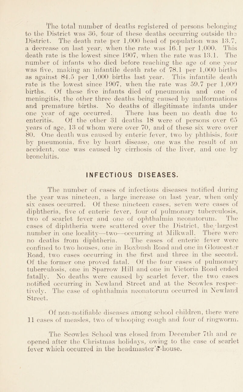 The total numijer of deaths registered of persons belonging to the District ^Yas dO, four of these deaths occurring outside the J)istrict. The death rate per 1,000 head of population was 10.7, a decrease on last year, when the rate \^'as 16.1 per 1,000. This death rate is the lowest since 1007, when the rate was 10.1. The number of infants who died before reaching the age of one year was five, making an infantile death rate of 78.1 per 1,000 birtlis as against 84.5 per 1,000 birtlis last year. This infantile death rate is the lowest since 1007, when the rate was 50.7 per 1,000 births. Of these five infants died of pneumonia and one of meningitis, the other three deaths being caused by malformations and premature births. No deaths of illegitimate infants under one year of age occurred. There has been no death due to enteritis. Of the other Of deaths 18 wnre of persons over 65 years of age, 10 of whom were over 70, and of these six v'ere over 80. One deatli was caused by enteric fever, two by phthisis, four by pneumonia, five by heart disease, one was the result of an accident, one was caused by cirrhosis of the liver, and one by bronchitis. INFECTIOUS DISEASES. The number of cases of infectious diseases notified during the year was nineteen, a large increase on last Anar, when only six cases occurred. Of these nineteen cases, seven were cases of diphtheria, five of enteric feAnr, four of pulmonary tulierculosis, two of scarlet fever and one of ophthalmia neonatorum. Tlie cases of diphtheria were scattered over the District, the -largest number in one locality—two—occurring at INIilkwall. There were no deaths from diphtheria. The cases of enteric fever were confined to two houses, one in Boxbush Koad and one in Gloucester Koad, two cases occurring in the first and three in tlie second. Of the former one proved fatal. Of the four cases of ])ulmonai‘y tuberculosis, one in Sparrow Hill and one in Victoria Boad ended fatalh'. No deaths were caused bv scarlet fever, the two cases t' ^ notified occurring in Newland Street and at the Scov\les respec- tively. The case of ophthalmia neonatorum occurred in Newland Street. Of non-notifiable diseases among school childrc'n, there were 11 cases of measles, t\^•o of w'h()o])ing ('ougli and four of ilngworm. The Scowles School was closed from Blocember 7th and re opened after the Christmas holidays, owing to the case of scarlet fever which occurred in the headmaster’iTdiouse.