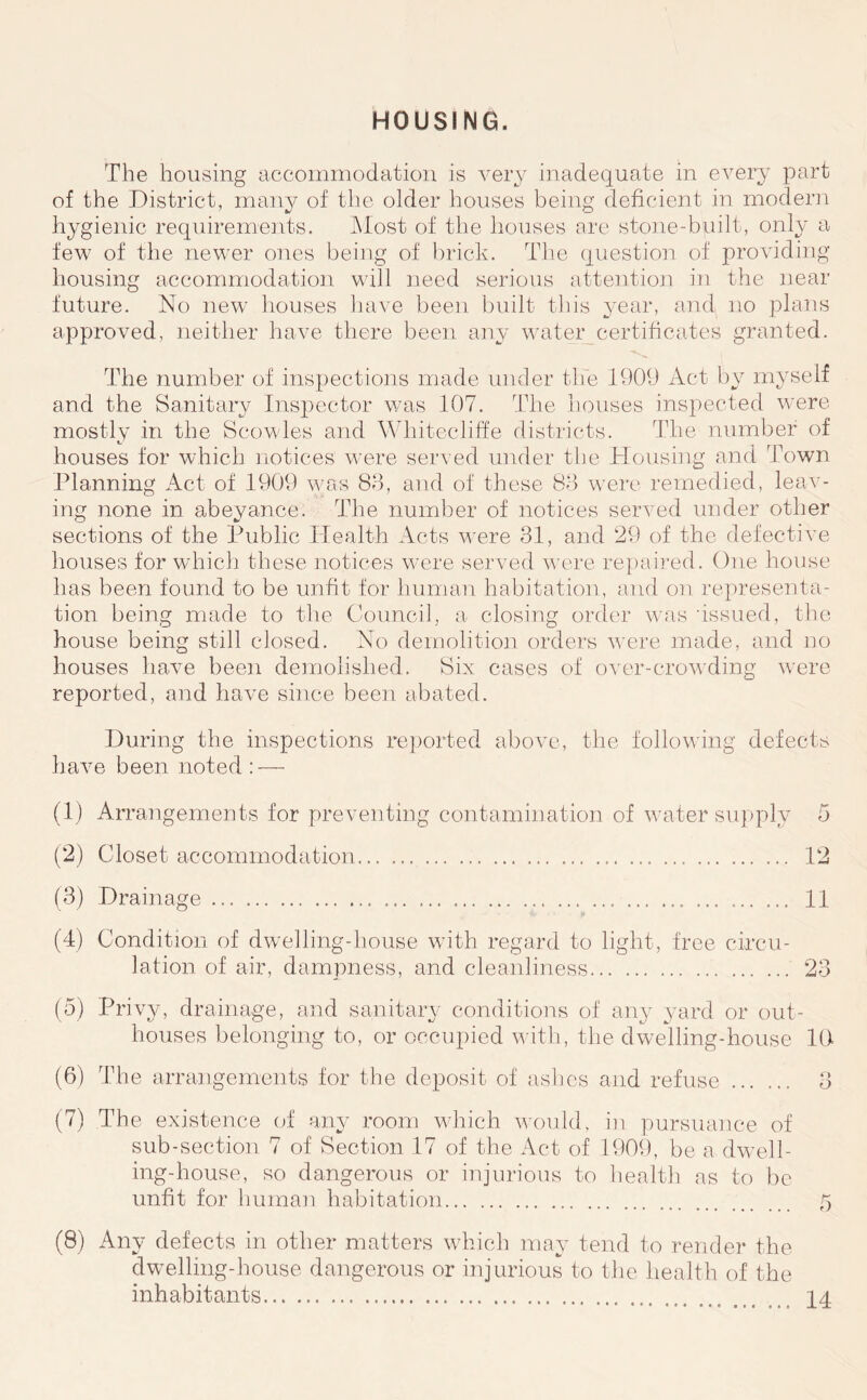 HOUSING. The housing accommodation is very inadequate in every part of the District, many of the older houses being deficient in modern hygienic requirerneiits. JMost of the houses are stone-built, only a few of the new'er ones being of brick. The question of providing housing accommodation wall need serious attentioji in the near future. No new' houses have been built this year, and no plans approved, neither have there been any wateiycertificates granted. The number of inspections made under tlfe 1909 Act by myself and the Sanitary Inspector w'as 107. The houses inspected were mostly in the Scowles and Whitecliffe districts. The number of houses for which notices were served under the Housing and Town Planning Act of 1909 was 83, and of these 83 were remedied, leav- ing none in abeyance. The number of notices served under other sections of the Public Health Acts were 31, and 29 of the defective houses for wdiich these notices w’ere served v'cre repaii’ed. One house has been found to be unfit for human habitation, and on representa- tion being made to the Council, a closing order was ‘issued, the house being still closed. No demolitioji orders were made, and no houses have been demolished. Six cases of over-crowding were reported, and have since been abated. During the inspections reported above, the following defects have been noted: — (1) Ar rangements for preventing contamination of water supply 5 (2) Closet accommodation 12 (3) Drainage 11 (4) Condition of dwelling-house w'ith regard to light, free circu- lation of air, dampness, and cleanliness 23 (5) Privy, drainage, and sanitaiU' conditions of any yard or out- houses belonging to, or occupied with, the dwelling-house lU (6) The arrangements for the deposit of ashes and refuse 3 (7) The existence of any room which nould, in pursuance of sub-section 7 of Section 17 of the Act of 1909, be a dwell- ing-house, so dangerous or injurious to health as to be unfit for human habitation 5 (8) Any defects in other matters wdnch may tend to render the dw'elling-house dangerous or injurious to the health of the inhabitants 14