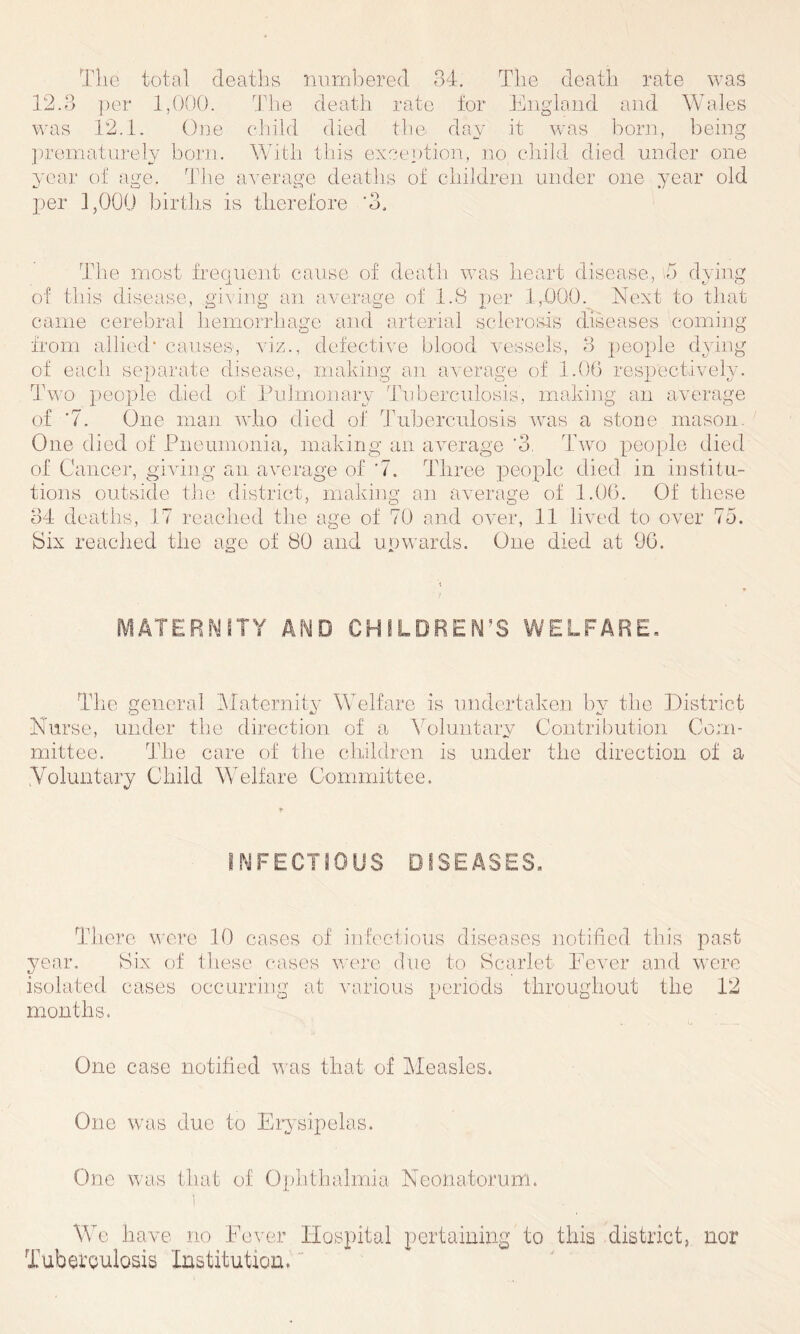 The total deaths numbered 34. The death rate was 12.3 per 1,000. The death rate for England and Wales was 12.1. One child died the day it was born, being prematurely born. With this exception, no child died under one year of age. The average deaths of children under one year old per 1,000 births is therefore ‘3. The most frequent cause of death was heart disease, 5 dying of this disease, .giving an average of 1.8 per 1,000. Next to that came cerebral hemorrhage and arterial sclerosis diseases coming from allied* causes, viz., defective blood vessels, 3 people dying of each separate disease, making an average of 1.06 respectively. Two people died of Pulmonary Tuberculosis, making an average of ‘7. One man who died of Tuberculosis was a stone mason. One died of Pneumonia, making an average '3, Two people died of Cancer, giving an average of '7. Three people died in institu- tions outside the district, making an average of 1.06. Of these 34 deaths, 17 reached the age of 70 and over, 11 lived to over 75. Six reached the age of 80 and upwards. One died at 96. MATERNITY AND CHILDREN’S WELFARE The general Maternity Welfare is undertaken by the District Nurse, under the direction of a Voluntary Contribution Com- mittee. The care of the children is under the direction of a .Voluntary Child Welfare Committee. INFECTIOUS DISEASES, There were 10 cases of infectious diseases notified this past year. Six of these cases were due to Scarlet Fever and were isolated cases occurring at various periods throughout the 12 months. One case notified was that of Measles. One was due to Erysipelas. One was that of Ophthalmia Neonatorum. i We have no Fever Hospital pertaining to this district, nor Tuberculosis Institution,