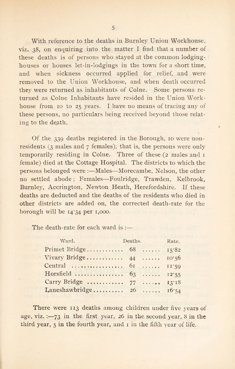 With reference to the deaths in Burnley Union Workhouse, viz. 38, on enquiring into the matter I find that a number of these deaths is of persons who stayed at the common lodging- houses or houses let-in-lodgings in the town for a short time, and when sickness occurred applied for relief, and were removed to the Union Workhouse, and when death occurred they were returned as inhabitants of Colne. Some persons re- turned as Colne Inhabitants have resided in the Union Work- house from 10 to 25 years. I have no means of tracing any of these persons, no particulars being received beyond those relat- ing to the death. Of the 339 deaths registered in the Borough, 10 were non- residents (3 males and 7 females), that is, the persons were only temporaril}^ residing in Colne. Three of these (2 males and i female) died at the Cottage Hospital. The districts to which the persons belonged were :—Males—Morecambe, Nelson, the other no settled abode ; Females—Foulridge, Trawden, Kelbrook, Burnley, Accrington, Newton Heath, Herefordshire. If these deaths are deducted and the deaths of the residents who died in other districts are added on, the corrected death-rate for the borough will be 14*34 per 1,000. The death-rate for each ward is :— Ward. Primet Bridge.. Vivary Bridge.. Central Horsfield Carry Bridge .. Uaneshawbridge There were 113 deaths among children under five 3'ears of age, viz. :—73 in the first year, 26 in the second year, 8 in the third year, 5 in the fourth year, and i in the fifth year of life. Deaths. Rate. . 68 15*82 - 44 10-56 • 61 ii‘59 • 63 12-55 • 77 13*18 . 26 16-54