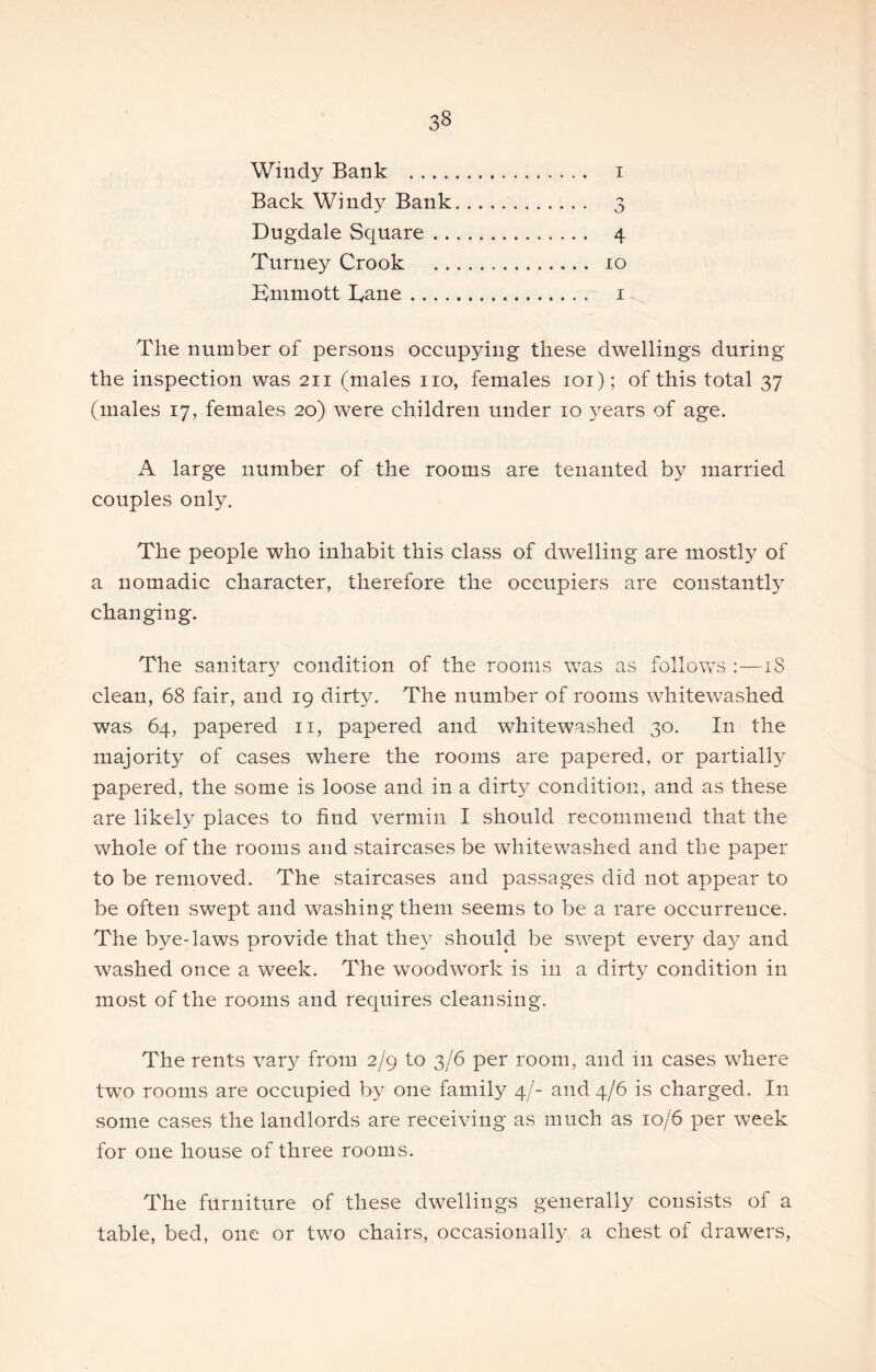 I Windy Bank .... Back Windy Bank Dugdale Square 4 Turney Crook 10 Enimott Tane i The number of persons occupying these dwellings during the inspection was 211 (males no, females loi); of this total 37 (males 17, females 20) were children under 10 years of age. A large number of the rooms are tenanted b^^ married couples only. The people who inhabit this class of dwelling are mostly of a nomadic character, therefore the occupiers are constantly changing. The sanitary condition of the rooms was as follows :—iS clean, 68 fair, and 19 dirty. The number of rooms whitewashed was 64, papered ii, papered and whitewashed 30. In the majority of cases where the rooms are papered, or partially papered, the some is loose and in a dirty condition, and as these are likely places to find vermin I should recommend that the whole of the rooms and staircases be whitewashed and the paper to be removed. The staircases and passages did not appear to be often swept and washing them seems to be a rare occurrence. The bye-laws provide that they should be swept every day and washed once a week. The woodwork is in a dirty condition in most of the rooms and requires cleansing. The rents vary from 2/9 to 3/6 per room, and in cases where two rooms are occupied by one family 4/- and 4/6 is charged. In some cases the landlords are receiving as much as 10/6 per week for one house of three rooms. The furniture of these dwellings generally consists of a table, bed, one or two chairs, occasionally a chest of drawers.