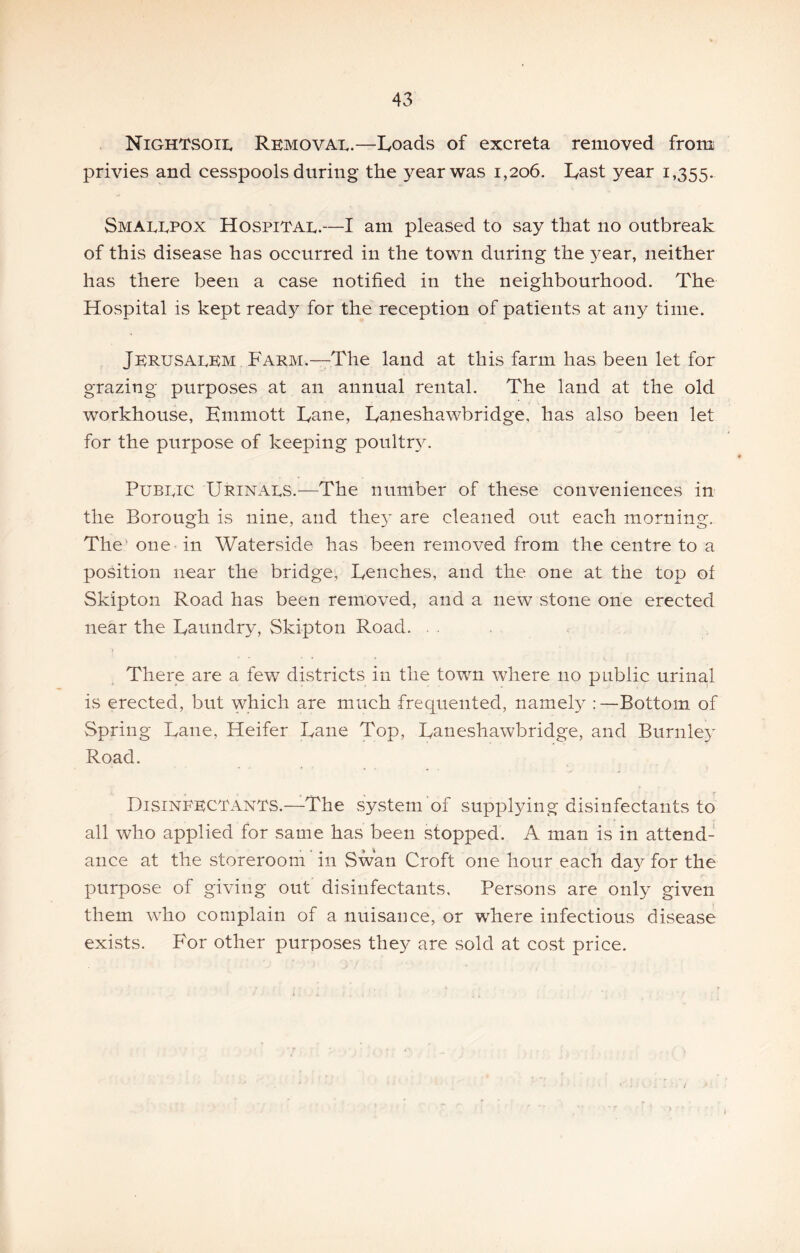 Nightsoil Removal.—Loads of excreta removed from privies and cesspools during the year was 1,206. Last year 1,355. Smallpox Hospital.—I am pleased to say that no outbreak of this disease has occurred in the town during the 3^ear, neither has there been a case notified in the neighbourhood. The Hospital is kept ready for the reception of patients at any time. Jerusalem Farm.—The land at this farm has been let for grazing purposes at an annual rental. The land at the old workhouse, Emmott Lane, Laneshawbridge, has also been let for the purpose of keeping poultr}^ Public Urinals.—The number of these conveniences in the Borough is nine, and the3'^ are cleaned out each morning. The one in Waterside has been removed from the centre to a position near the bridge, Lenches, and the one at the top of Skipton Road has been removed, and a new stone one erected near the Laundry, Skipton Road. . . There are a few districts in the town where no public urinal is erected, but \vhich are much frequented, namely :—Bottom of Spring Lane, Heifer Lane Top, Laneshawbridge, and Burnle3' Road. Disinfectants.—The system of supplying disinfectants to all who applied for same has been stopped. A man is in attend- ance at the storeroom ’ill Swan Croft one hour each day for the purpose of giving out disinfectants. Persons are only given them who complain of a nuisance, or wFere infectious disease exists. For other purposes they are sold at cost price.