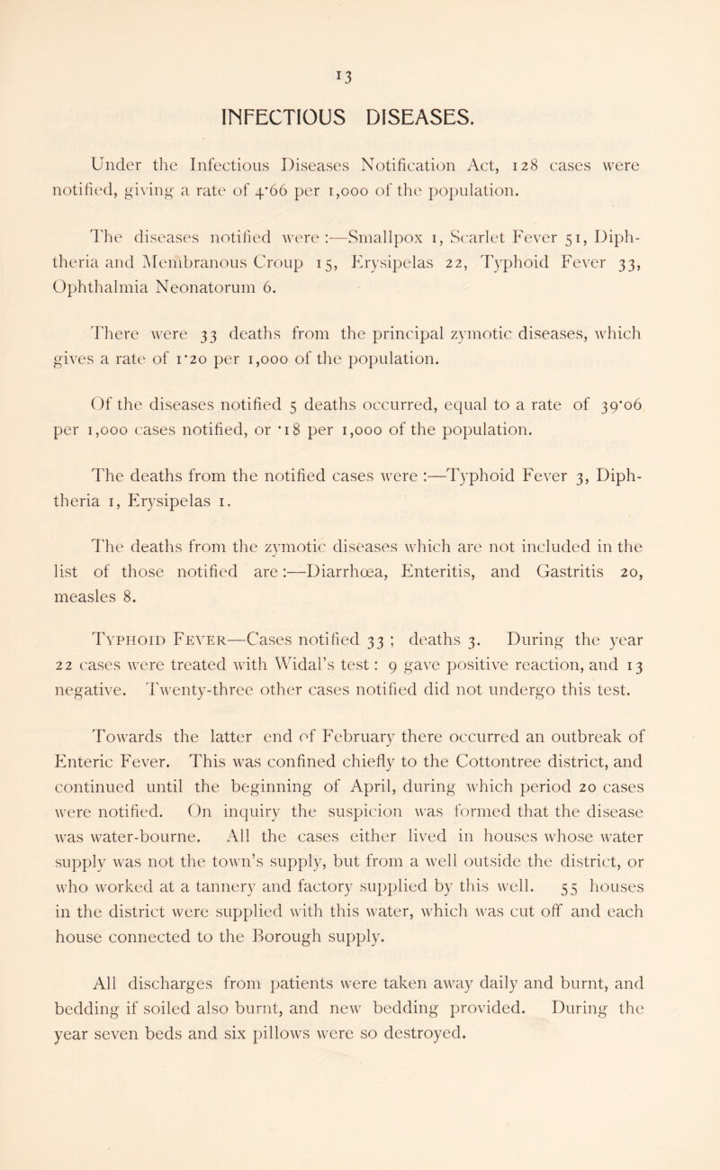 INFECTIOUS DISEASES. Under the Infectious Diseases Notification Act, 128 cases were notified, giving a rate of 4*66 per 1,000 of the population. dfiie diseases notified were:—Smallpox i. Scarlet Fever 51, Diph- theria and Membranous Croup 15, Erysipelas 22, Typhoid Fever 33, Ophthalmia Neonatorum 6. There were 33 deaths from the principal zymotic diseases, which gives a rate of 1*20 per 1,000 of the population. Of the diseases notified 5 deaths occurred, equal to a rate of 39*06 per 1,000 cases notified, or *18 per 1,000 of the population. The deaths from the notified cases were :—Typhoid Fever 3, Diph- theria I, Erysipelas i. d'he deaths from the zvmotic diseases which are not included in the j list of those notified are:—Diarrhoea, Enteritis, and Gastritis 20, measles 8. Typhoid Fever—Cases notified 33 ; deaths 3. During the year 22 cases were treated with Widal’s test: 9 gave positive reaction, and 13 negative, dhventy-three other cases notified did not undergo this test. Towards the latter end of February there occurred an outbreak of Enteric Fever. This was confined chiefly to the Cottontree district, and continued until the beginning of April, during which period 20 cases were notified. On inquiry the suspicion was formed that the disease was water-bourne. All the cases either lived in houses whose water supply was not the town’s supply, but from a well outside the district, or who worked at a tannery and factory supplied by this well. 55 houses in the district were supplied with this water, which was cut off and each house connected to the Borough supply. All discharges from patients were taken away daily and burnt, and bedding if soiled also burnt, and new bedding provided. During the year seven beds and six pillows were so destroyed.