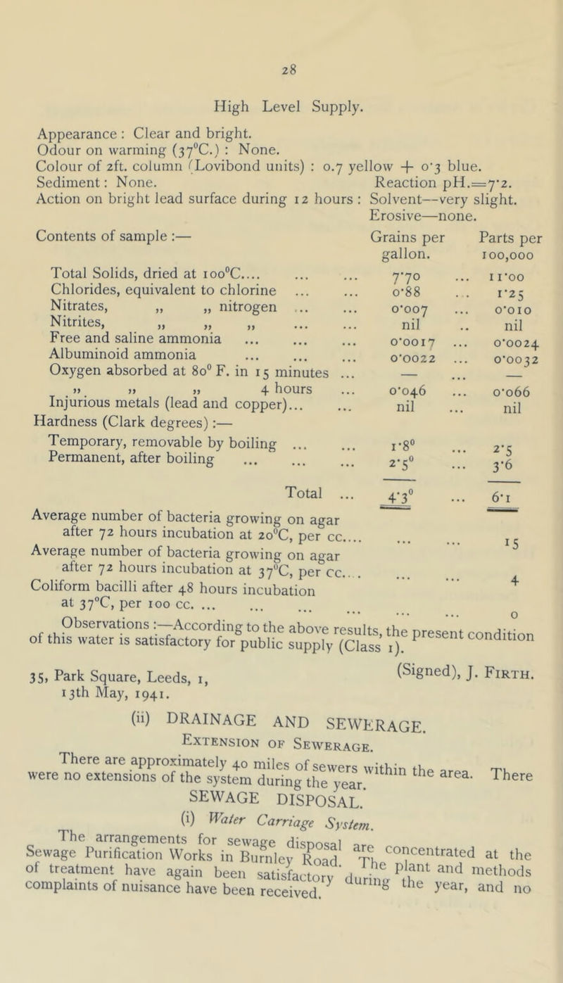 High Level Supply. Appearance : Clear and bright. Odour on warming (37°C.) : None. Colour of 2ft. column (Lovibond units) : 0.7 yellow -f- 07 blue. Sediment: None. Reaction pH.=7-2. Action on bright lead surface during 12 hours : Solvent—very slight. Erosive—none. Contents of sample :— Total Solids, dried at ioo°C.... Chlorides, equivalent to chlorine Nitrates, „ „ nitrogen ... Nitrites, Free and saline ammonia Albuminoid ammonia Oxygen absorbed at 8o° F. in 15 minutes » » » 4 hours Injurious metals (lead and copper)... Hardness (Clark degrees):— Temporary, removable by boiling ... Permanent, after boiling Grains per Parts per gallon. 100,000 770 1 roo o-88 1-25 0-007 O’OIO nil nil 0-0017 0-0024 0’0022 ... 0-0032 0-046 o-o66 nil nil Total 6'i Average number ol bacteria growing on agar after 72 hours incubation at 2o°C, per cc.... Average number of bacteria growing on agar after 72 hours incubation at 37°C, per cc.. . Coliform bacilli after 48 hours incubation at 37°C, per 100 cc Observations According to the above results, the of this water is satisfactory for public supply (Class 1) 15 4 o present condition 35, Park Square, Leeds, 1, 13 th May, 1941. (Signed), J. Firth. (ii) DRAINAGE AND SEWERAGE. Extension of Sewerage ^i~hin th* — ™ere SEWAGE DISPOSAL. (i) Water Carriage System. The arrangements for sewage disnosal „ Sewage Purification Works in Burnlev Road Tu C01?centrated at the of treatment have again been satisfactory ' during a”d methods complaints of nuisance have been received 0 1 ie ) ear> and no