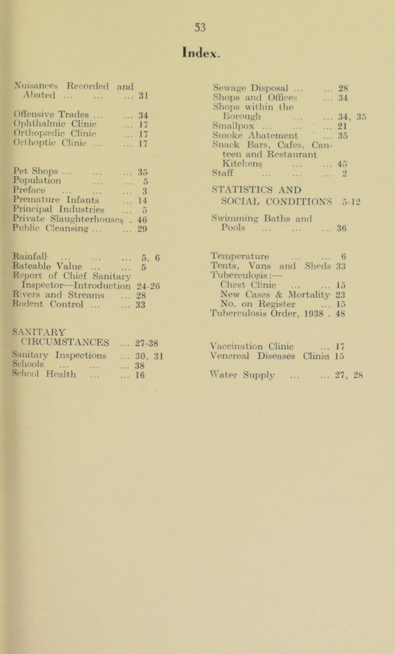 Index. XiiisunoPs fipcorded and Alaited ... . 31 Offensive Trades ... . 34 Ophthalmic Clinic . 17 Ortl'.opa'dic Clinic . 17 ()!-(hoj)tic Clinic ... . 17 Pet Shops ... . 35 Population . 5 Preface . 3 Premature Infants . 14 Principal Industries 5 Private Slaughterhouses , . 46 Public Cleansing... , 29 Sewage Disposal ... ... 28 Shops and OHiees ... ;U Sho{)s witliin tlie liorougli ... ... 34, 35 Sina!l[)ox ... ... ... 21 Smoke Abatement ... 35 Snaek Bars, Cafes. Can- teen and Restaurant Kiteh.ens ... ... 45 Staff ■ 2 Sd’ATISTICS AND SOCIAL CONDITIONS 5-12 Swimming Baths and Pools ... ... ... 3(i Rainfall- ... ... ... 5, c Rateable Value ... ... 5 Report of Chief Sanitary Inspector—Introduction 24-2() R'vers and Stream.s ... 28 Rodent Control ... ... 33 Temperature ... ... (5 Tents, Vans and .Sheds 33 'rubereulopis:— Chest Clinic ... ... 15 New Cases & Mortality 23 No. on Register ... 15 Tuberculosis Order, 19,38 . 48 SANrr.VRY CIRCUMSTANCES Simitary Inspections Schools .School Health ... 27-38 ... 30, 31 ... 38 ... 16 Vaccination Clinic ... 17 V'enereal Diseases Clinio 15 Water Supply ... 27, 28