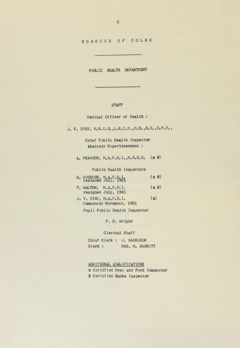 BOROUGH OF COLNE PUBLIC HEALTH DEPARmENT STAFF Medical Officer of Health : J. Y, DYER, M.R.C.S,,L.R,C.P,,M.B.,B,S.,D.P.H., Chief Public Health Inspector Abattoir Superintendent ; A. PEARSON, M,A.P,H.I.,M,R.S.H. (* D) Public Health Inspectors B, DUERDEN, M.A.P.H.I. resigned July, 1965 (x 0) F. WALTON, MoA.P.H.I, (x 0) resigned July, 1965 J. V, BIRD, M.A.P.H.I. (x) Commenced November, 1965 Pupil Public Health Inspector P, N. Wright Clerical Staff Chief Clerk ; J. HARRISON Clerk : MRS. M. BARRITT ADDITIONAL QUALIFICATIONS X Certified Meat and Food Inspector t Certified Smoke Inspector