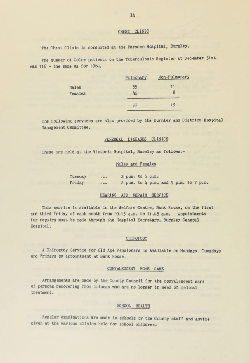 CHEST CLINIC The Chest Clinic Is conducted at the Marsden Hospital, Burnley. The number of Colne patients on the Tuberculosis Register at December 31st. was 116 - the same as for 1964. Pulmonary Non-Pulmonary Males 55 11 Females 42 8 97 19 The following services are also provided by the Burnley and District Hospital Management Committee. VENEREAL DISEASES CLINICS These are held at the Victoria Hospital, Burnley as follows;- Males and Females Tuesday ... 2 p.m. to k P^si. Friday ... 2 pjn. to 4 Pom. and 5 p-Jn, to 7 p.m. HEARING AID REPAIR SERVICE This service Is available In the Welfare Centre, Bank House, on the first and third Friday of each month from 10.15 a.m, to 11.45 a.m. Appointments for repairs must be made through the Hospital Secretary, Burnley General Hospital. CHIROPODY A Chiropody Service for Old Age Pensioners Is available on Mondays. Tuesdays and Fridays by appointment at Bank House. CONVALESCENT HOME CARE Arrangements are made by the County Council for the convalescent care of persons recovering from illness who are no longer In need of medical treatment. SCHOOL HEALTH Regular examinations are made In schools by the County staff and advice given at the various clinics held for school children.