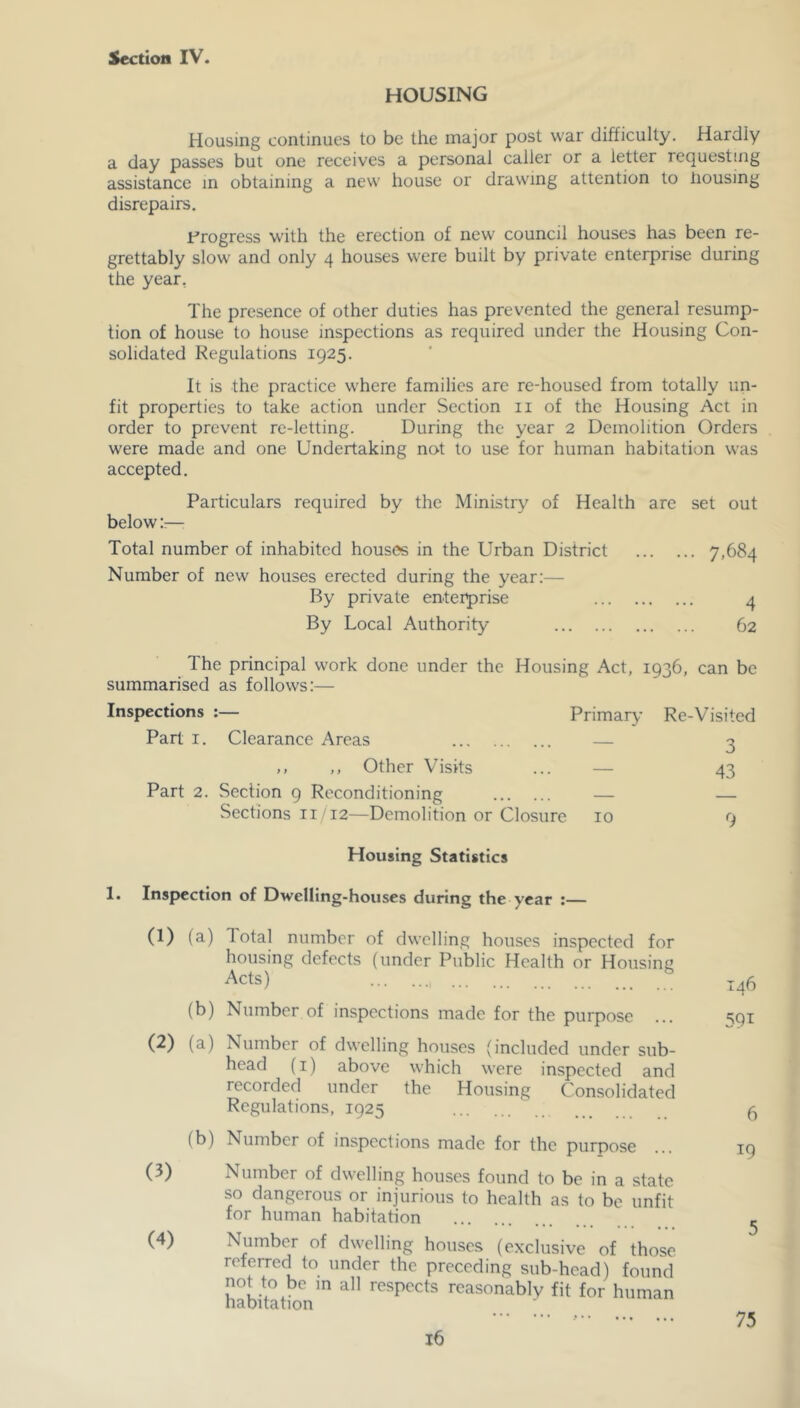 HOUSING Housing continues to be the major post war difficulty. Hardly a day passes but one receives a personal caller or a letter requesting assistance in obtaining a new house or drawing attention to liousing disrepairs. Progress with the erection of new council houses has been re- grettably slow and only 4 houses were built by private enterprise during the year, The presence of other duties has prevented the general resump- tion of house to house inspections as required under the Housing Con- solidated Regulations 1925. It is the practice where families arc re-housed from totally un- fit properties to take action under Section ii of the Housing Act in order to prevent re-letting. During the year 2 Demolition Orders were made and one Undertaking not to use for human habitation was accepted. Particulars required by the Ministry of Health arc set out below::—: Total number of inhabited houses in the Urban District 7,684 Number of new houses erected during the year:— By private enteiprise 4 By Local Authority 62 The principal work done under the Housing Act, 1936, can be summarised as follows:— Inspections :— Primary Re-Visited Part I. Clearance Areas — 2 ,, ,, Other Visits ... — 43 Part 2. Section 9 Reconditioning — — Sections II 12—Demolition or Closure 10 o Housing Statistics 1. Inspection of Dwelling-houses during the year :— (1) (a) Total number of dwelling houses inspected for housing defects (under Public Health or Housing ^cts) (b) Number of inspections made for the purpose ... <^91 (2) (a) Number of dwelling houses (included under sub- head (i) above which were inspected and recorded under the Housing Consolidated Regulations, 1925 ’ 5 (b) Number of inspections made for the purpose ... 19 (3) Number of dwelling houses found to be in a state so dangerous or injurious to health as to be unfit for human habitation ^ (4) Number of dwelling houses (exclusive of those referred to under the preceding sub-head) found not to be m all respects reasonably fit for human habitation 75