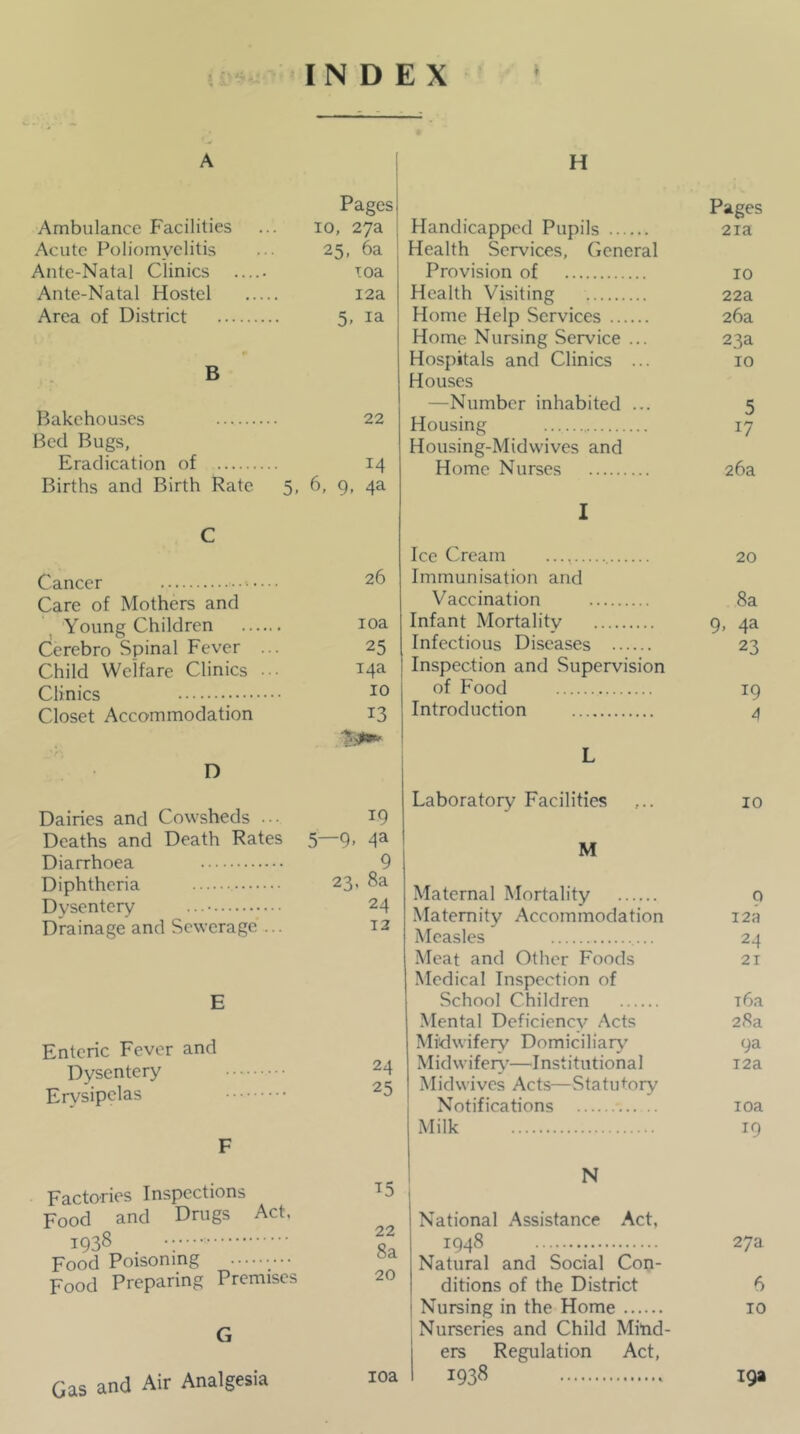 Pages Ambulance Facilities ... lo, 27a Acute Poliomyelitis ... 25, 6a Ante-Natal Clinics ..... loa Ante-Natal Hostel 12a Area of District 5, la B Bakehouses 22 Bed Bugs, Eradication of 14 Births and Birth Rate 5, 6, 9, 4a C Cancer 26 Care of Mothers and Young Children loa Cerebro Spinal Fever ... 25 Child Welfare Clinics ... ^4^ Clinics Closet Accommodation 13 D Dairies and Cowsheds ... 19 Deaths and Death Rates ^ 9> 4^ Diarrhoea 9 Diphtheria 23, 8a Dysentery 24 Drainage and Sewerage ... t2 E Enteric Fever and Dysentery Erysipelas F Factories Inspections Food and Drugs Act. 1938 Food Poisoning Food Preparing Premises G Gas and Air Analgesia 24 25 T5 22 8a 20 loa H Pages Handicapped Pupils 2Ta Health Services, General Provision of 10 Health Visiting 22a Home Help Services 26a Home Nursing Service ... 23a Hospitals and Clinics ... 10 Houses —Number inhabited ... 5 Housing 17 Housing-Midwives and Home Nurses 26a 1 Ice Cream 20 Immunisation and Vaccination 8a Infant Mortality 9. 4a Infectious Diseases 23 Inspection and Supervision of Food 19 Introduction 4 L Laboratory Facilities ,.. 10 M Maternal Mortality 0 Maternity Accommodation 12a Measles 24 Meat and Other Foods 21 Medical Inspection of School Children rba Mental Deficiency Acts 28a Midwifery Domiciliaiy’’ 9a Midwifery'—Institutional 12a Midwives Acts—Statutory ; Notifications loa Milk 19 N National Assistance Act, 1948 27a Natural and Social Con- ditions of the District 6 ! Nursing in the Home 10 I Nurseries and Child Mind- ers Regulation Act, 1938 19a